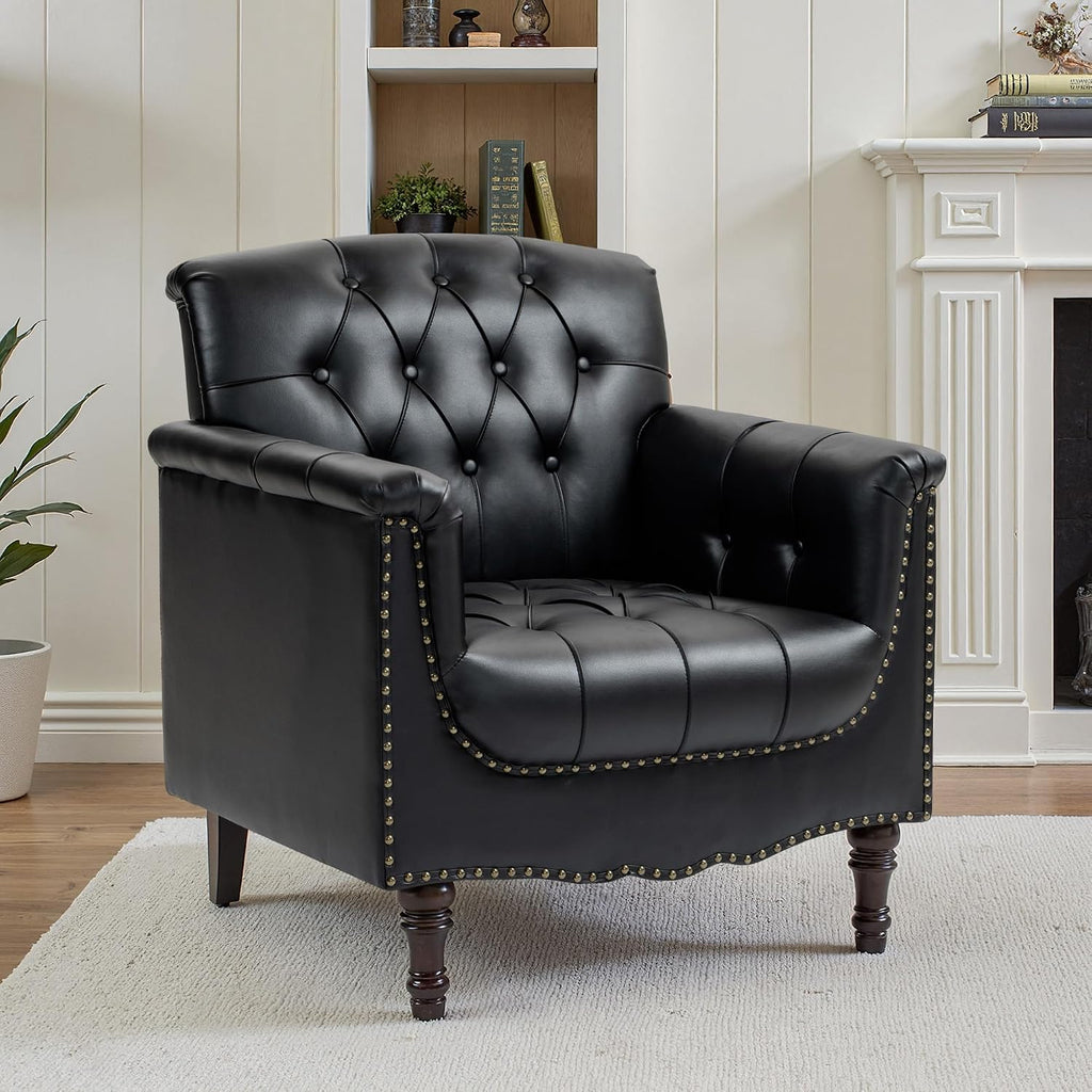Faux Leather Accent Chair, PU Leather Modern Comfy Upholstered Armchair with Wood Legs & Nailhead Trim for Living Room, Bedroom (Black,Set of 2)