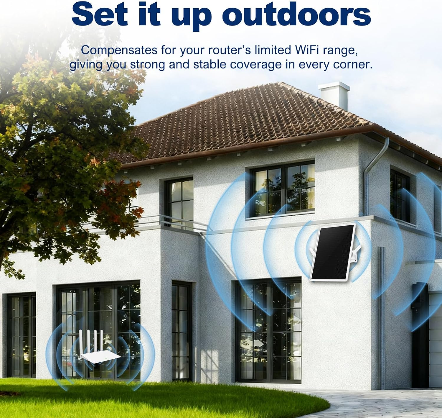 Solar WiFi Repeater, WiFi Extender Signal Booster, WiFi Amplifier, 2.4GHz 300Mbps Cover 200m Range, IP66 Waterproof for Yards, Farm and Outdoor Area
