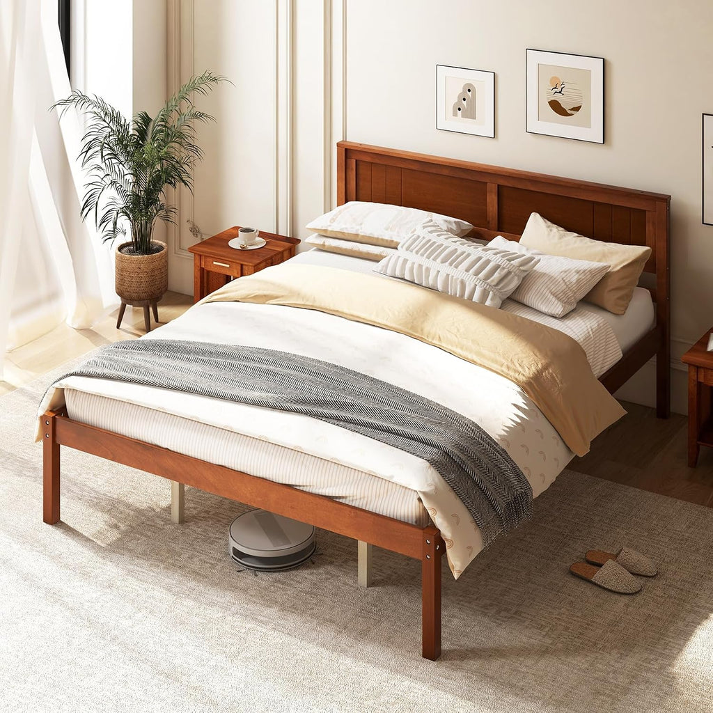 Giantex Queen Wood Platform Bed Frame with Headboard, Mid Century Queen Bed Frame with Wood Slat Support, Solid Wood Foundation with 16' Under Bed Storage, No Box Spring Needed, Easy Assembly
