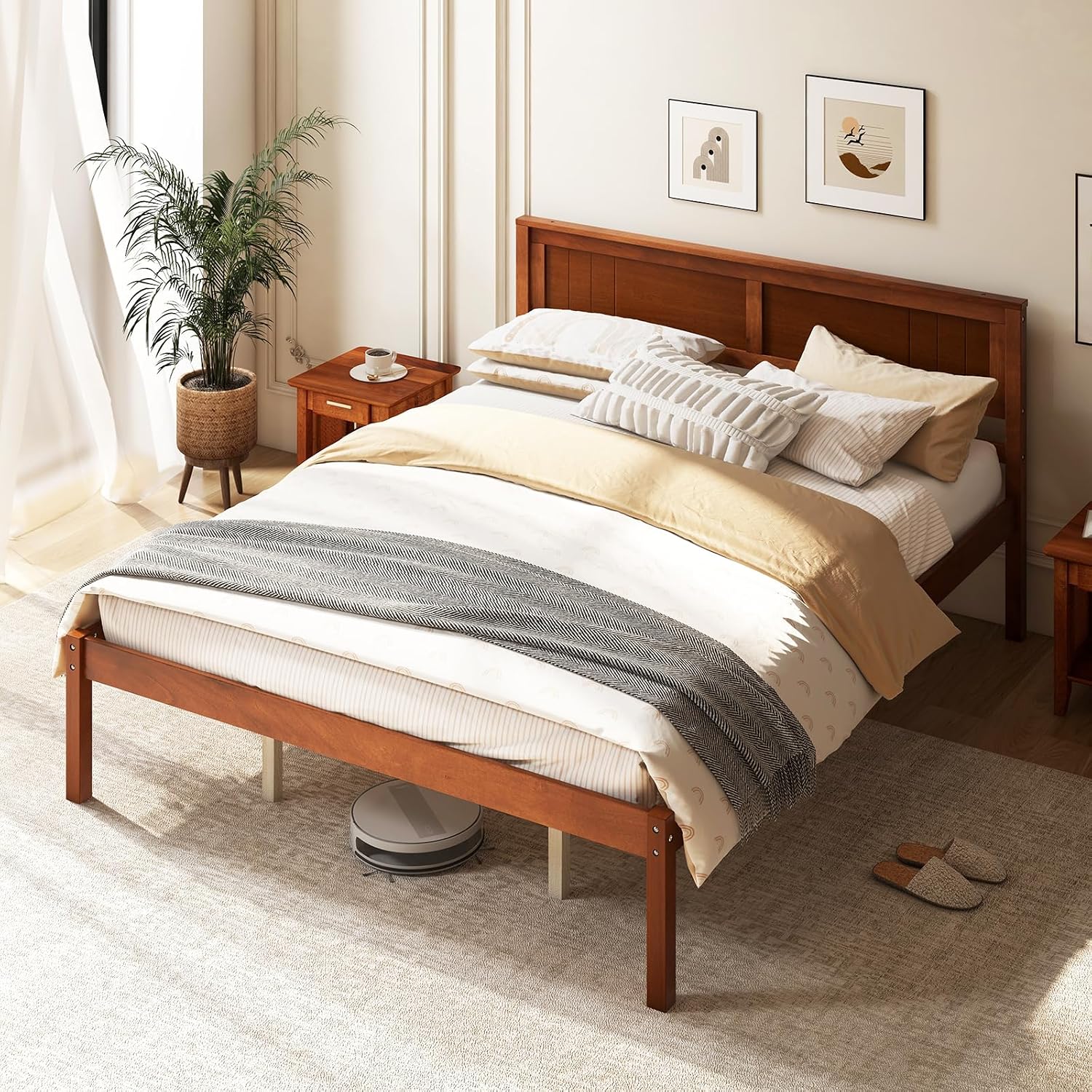 Giantex Queen Wood Platform Bed Frame with Headboard, Mid Century Queen Bed Frame with Wood Slat Support, Solid Wood Foundation with 16' Under Bed Storage, No Box Spring Needed, Easy Assembly
