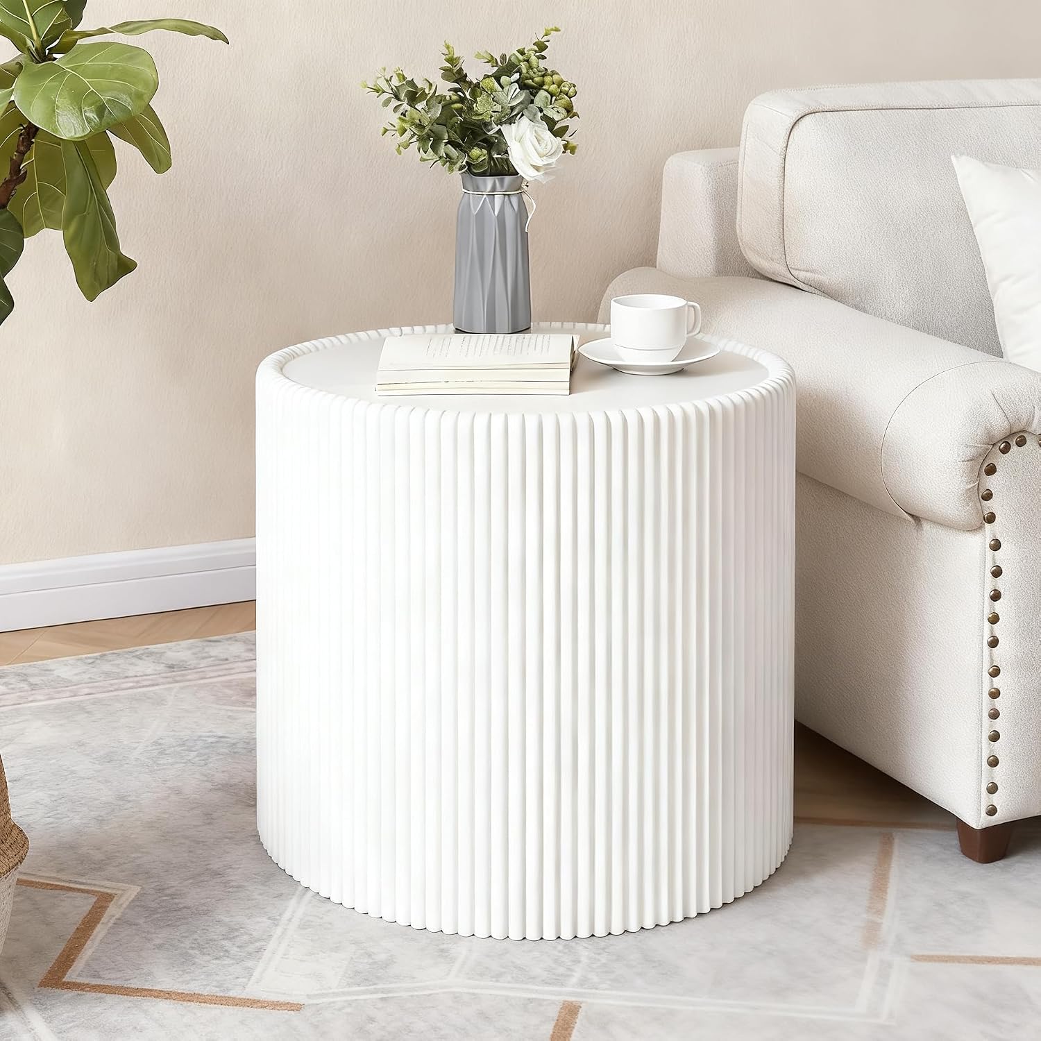 Round Coffee Table Set, 29.52' Grey Drum Center Table and 17.71' White Coffee Table Set, 2 Pieces Living Room Table Set with Sintered Stone Tabletop,Fluted PU Leather Covered and Stable Base