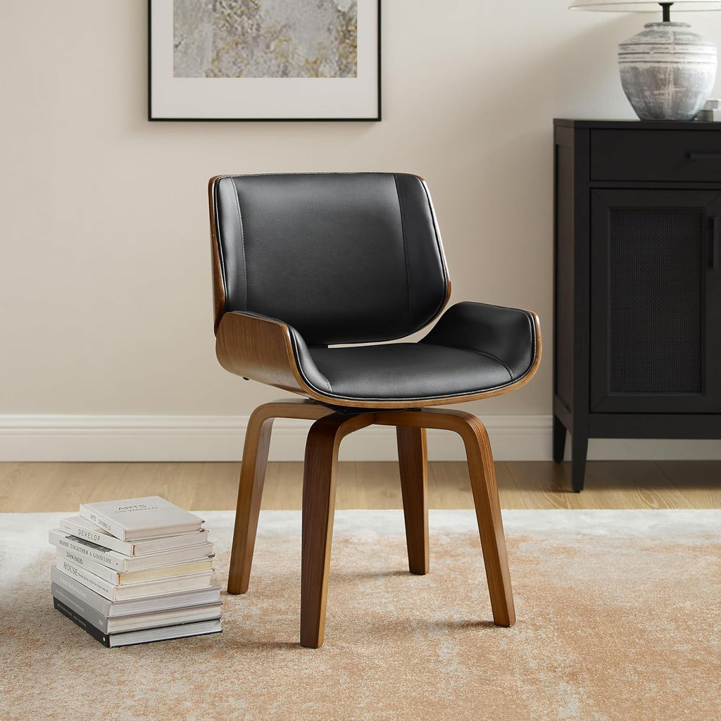 Zouron 360° Swivel Dining Chairs, Mid Century Modern Retro Faux Leather Chair with Walnut Bentwood Legs, Kitchen Dining Room Chairs with Upholstered Seat, (Set of 4, Black)