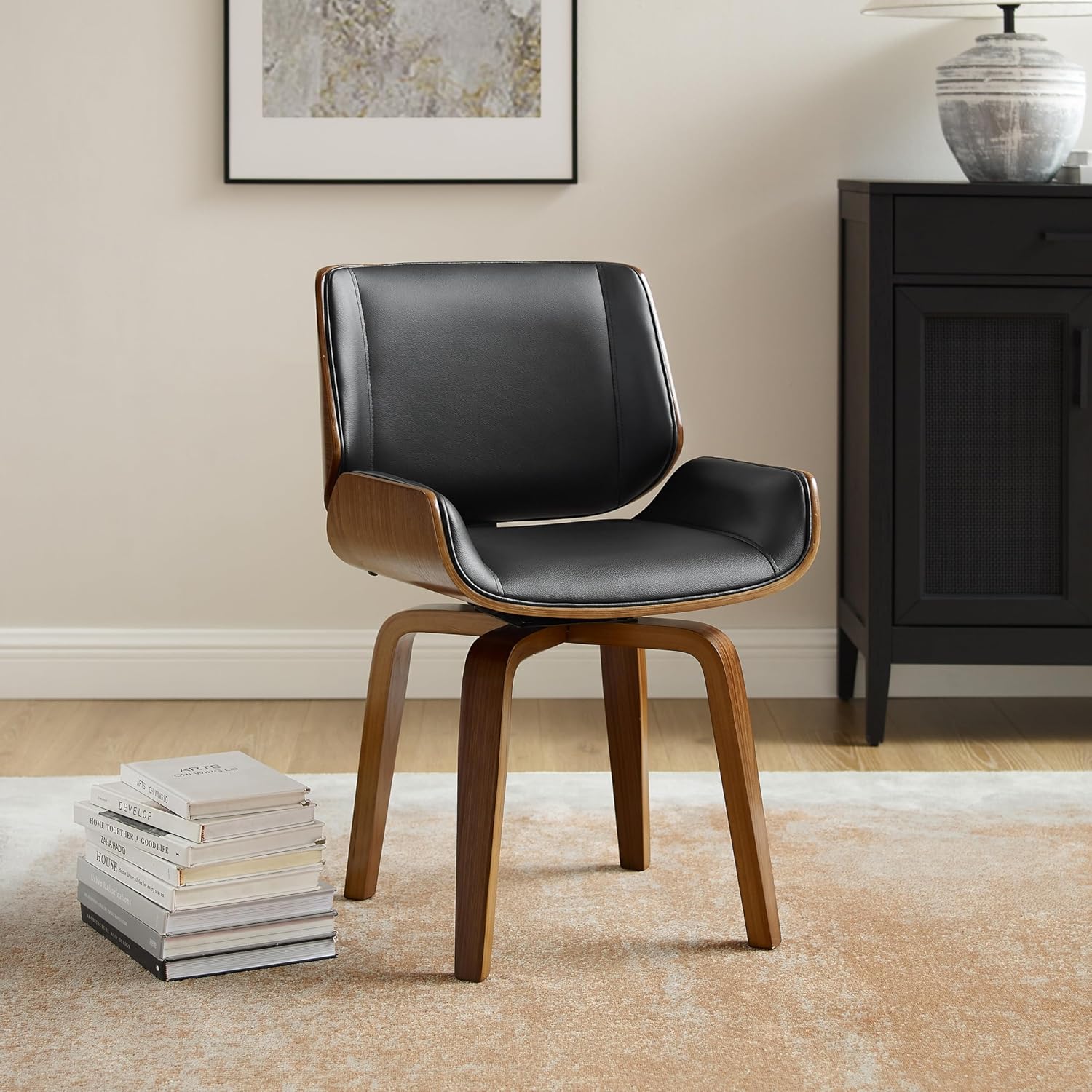 Zouron 360° Swivel Dining Chairs, Mid Century Modern Retro Faux Leather Chair with Walnut Bentwood Legs, Kitchen Dining Room Chairs with Upholstered Seat, (Set of 4, Black)