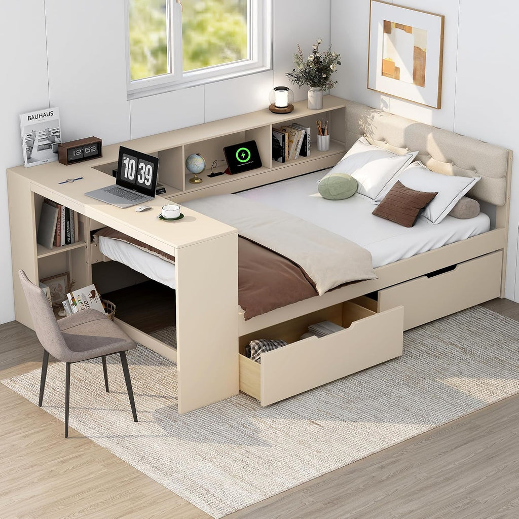 Ball & Cast Wood Full Size Platform Bed with Storage Shelves and Drawers,Multiple Bed Frame w/Charging Station & Upholstered Headboard,Bedroom Furniture Bedframe for Apartment,Cream