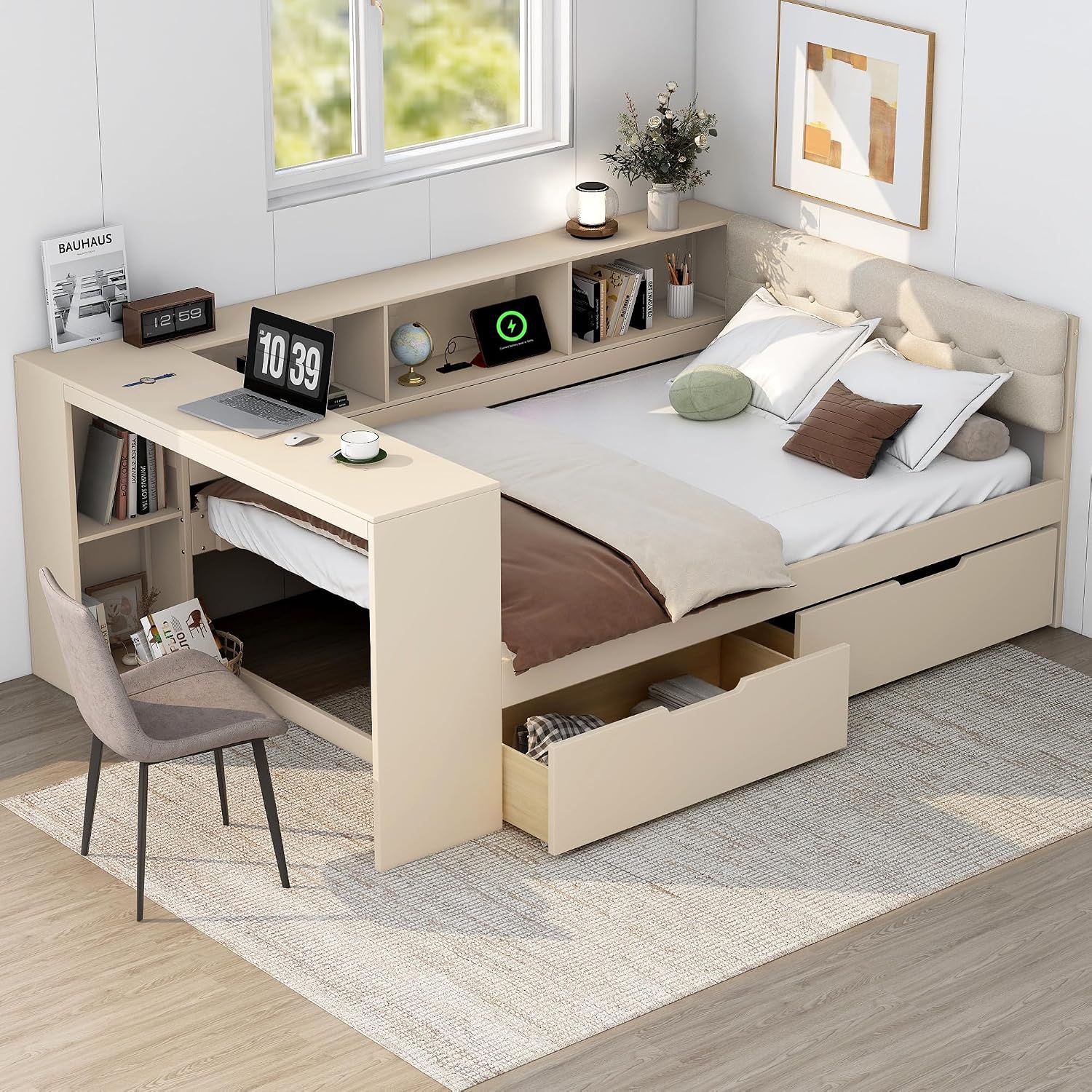Ball & Cast Wood Full Size Platform Bed with Storage Shelves and Drawers,Multiple Bed Frame w/Charging Station & Upholstered Headboard,Bedroom Furniture Bedframe for Apartment,Cream