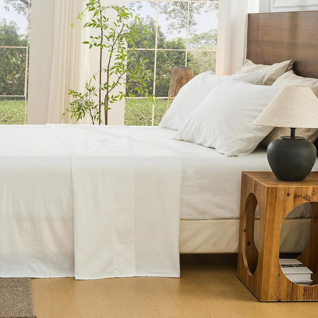 Bedlifes 100% French Flax Linen Sheets Set California King Size-6 Piece Extra Deep Pocket 18-24',Soft Breathable Cal King Bed Sheets with Temperature Regulating & Moisture-Wicking(White