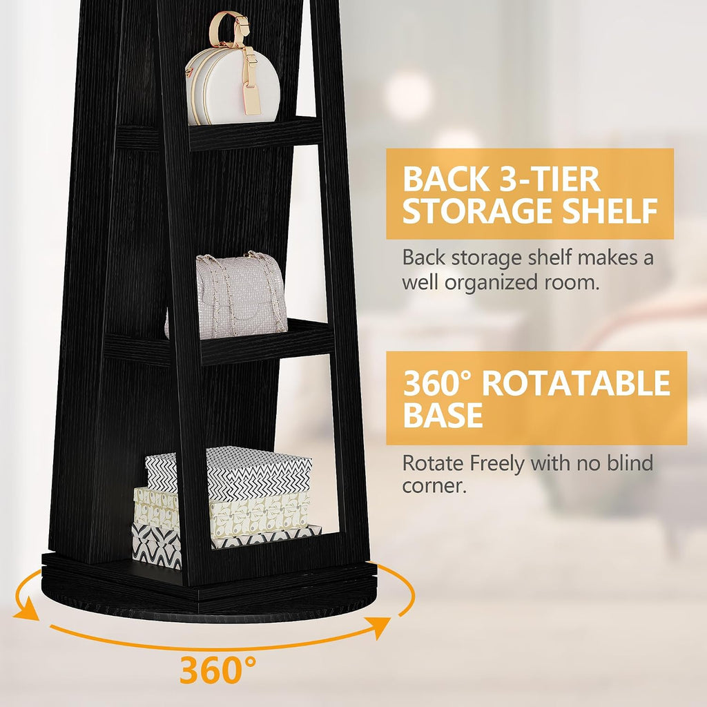 LVSOMT 360° Swivel Jewelry Cabinet with Full Length Mirror and Sliding Door, 63' Large Jewelry Armoire with Lock and Rear Shelves, Floor Standing Mirror with Storage for Bedroom Cloakroom, Black
