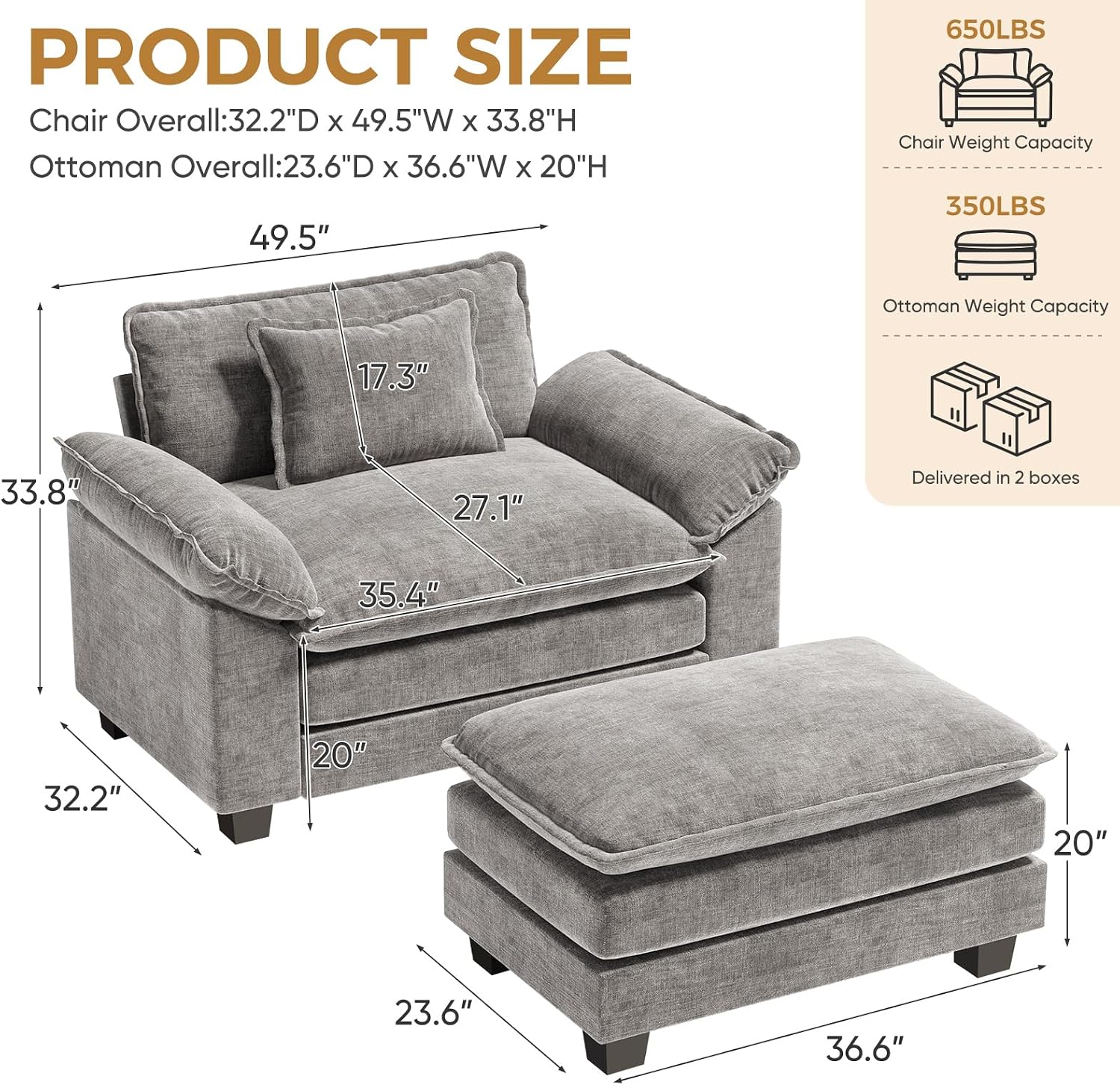 HUSFU Oversized Accent Chair with Ottoman, Chenille Cloud Couch Chair with Deep Seat and Extra Wide Armrests, Comfy Reading Armchair for Bedroom, Living Room, Gray