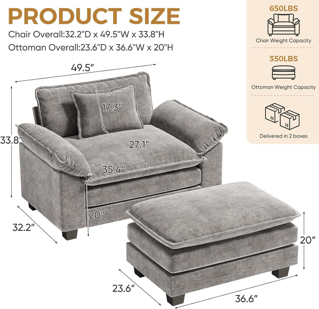 HUSFU 49.5'' Oversized Accent Chair with Ottoman, Chenille Cloud Couch Chair with Deep Seat and Extra Wide Armrests, Comfy Reading Armchair for Bedroom, Living Room, Set of 2, Gray