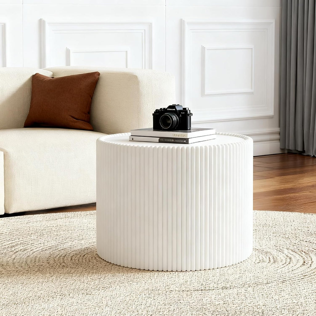 17.71' White Round Coffee Table, Drum Coffee Table with Sintered Stone Tabletop and Fluted PU Leather Covered and Stable Base, Circle Cocktail Tea Table for Living Room