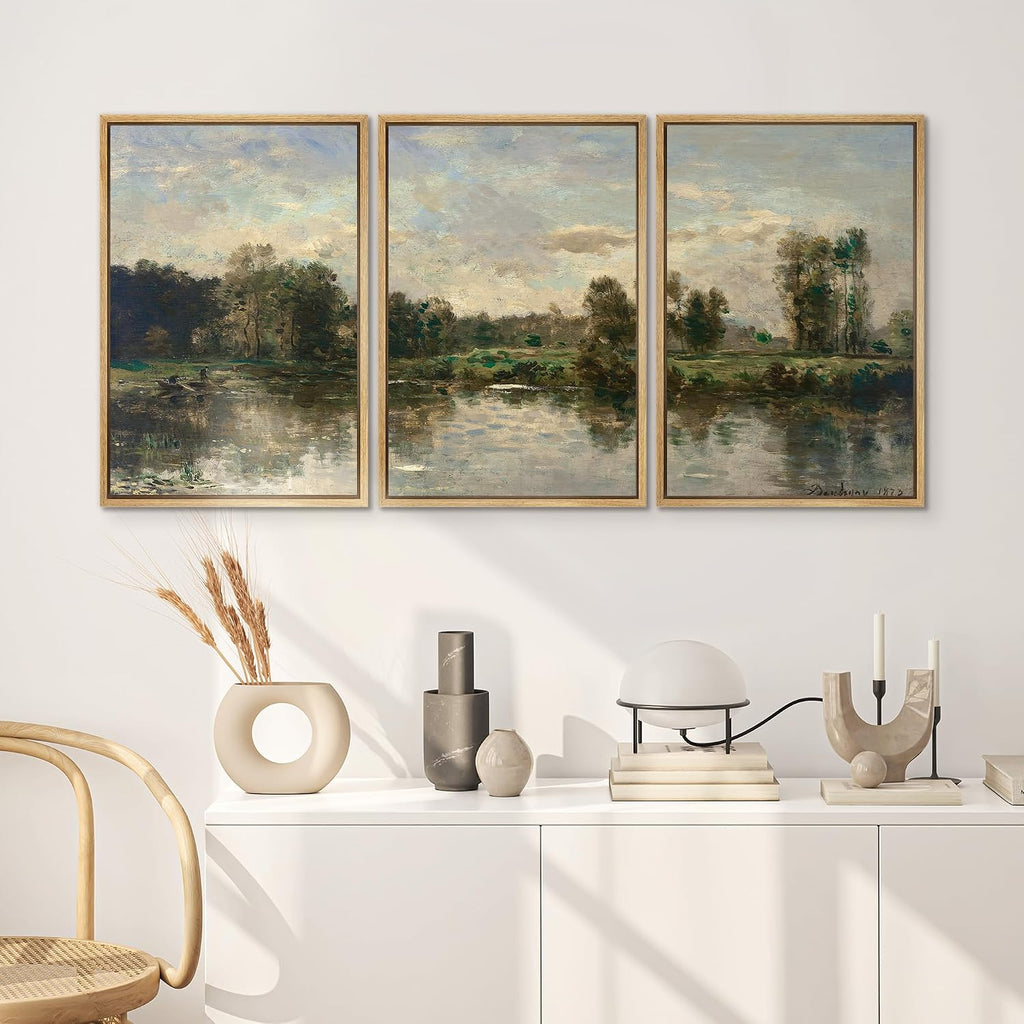 SIGNWIN Framed Canvas Print Wall Art Set Peaceful River Landscape Serene Waters and Lush Forest Illustrations Modern Scenic Colorful Ultra for Living Room, Bedroom, Office - 24'x36'x3 Natural