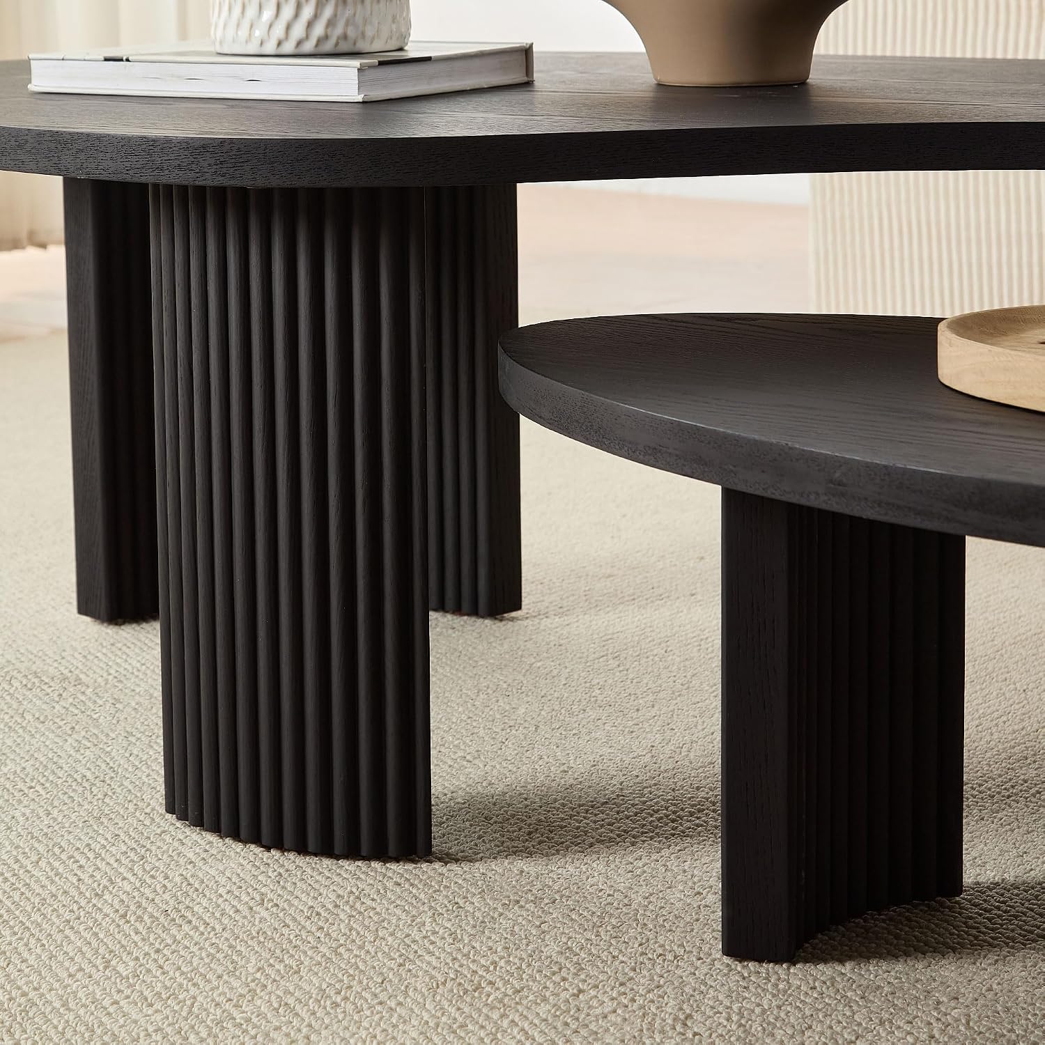 Modern Nesting Coffee Tables Set, 2-Piece Irregular Circle Wood Center Tables Unique End Side Table for Living Room Office, Fluted Legs Easy Assembly - Black