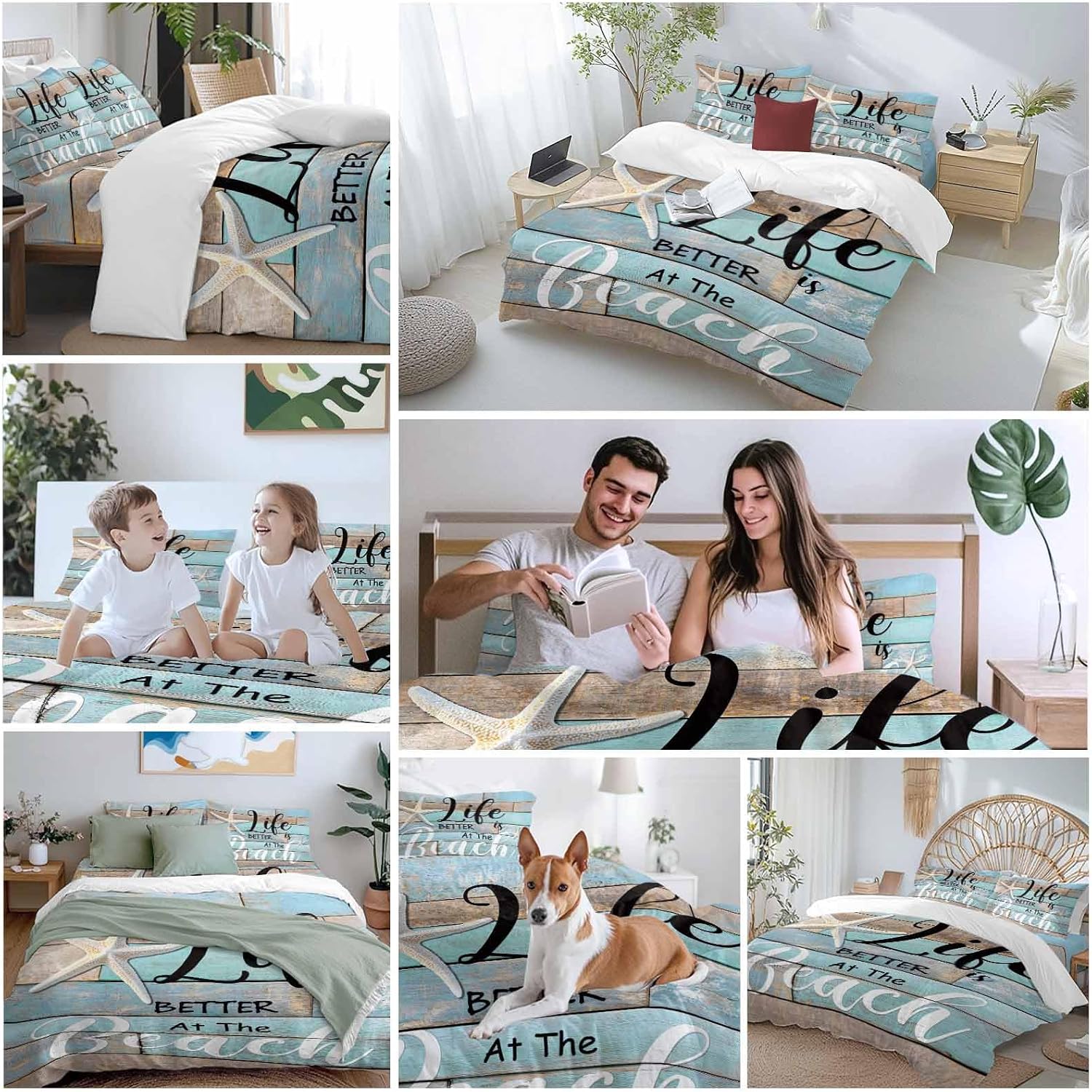 Life Is Duvet Cover Set Queen Size 4 Pieces Better at The Beach Summer Starfish Teal Wood Grain Bedding Set with Zipper Closure, 1 Comforter Cover 86x86 Inches 1 Flat Sheet & 2 Pillow Cases