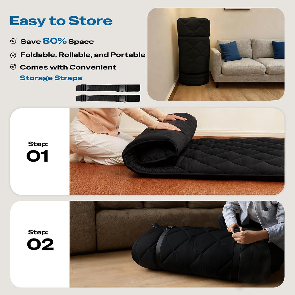 Aircliff Japanese Floor Futon Mattress, Roll Up Tatami Mat, Sleeping Pad, Shikibuton, Portable Foam Floor Bed Mattress for Sleeping, Dormitory, Guest Bed, Designed in Japan(Black, Full)