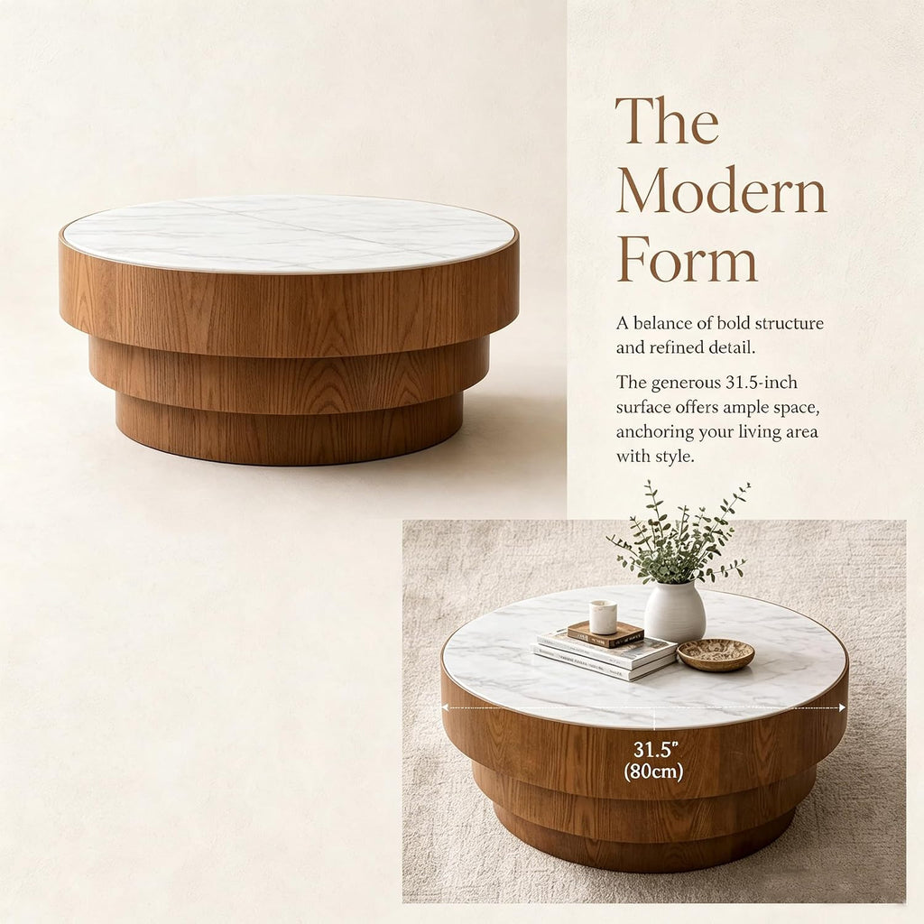 31.5' White Round Coffee Table, Round Coffee Table with Sintered Stone Tabletop and MDF with Wood Veneer Tiered Base, Modern Low Profile Circle Cocktail Tea Table for Living Room