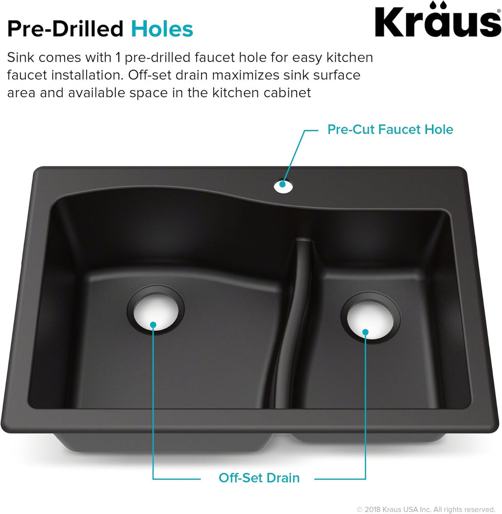 KRAUS KGD-442 Quarza 33-inch 33' Dual Mount 60/40 Double Bowl Granite Kitchen Sink in Black