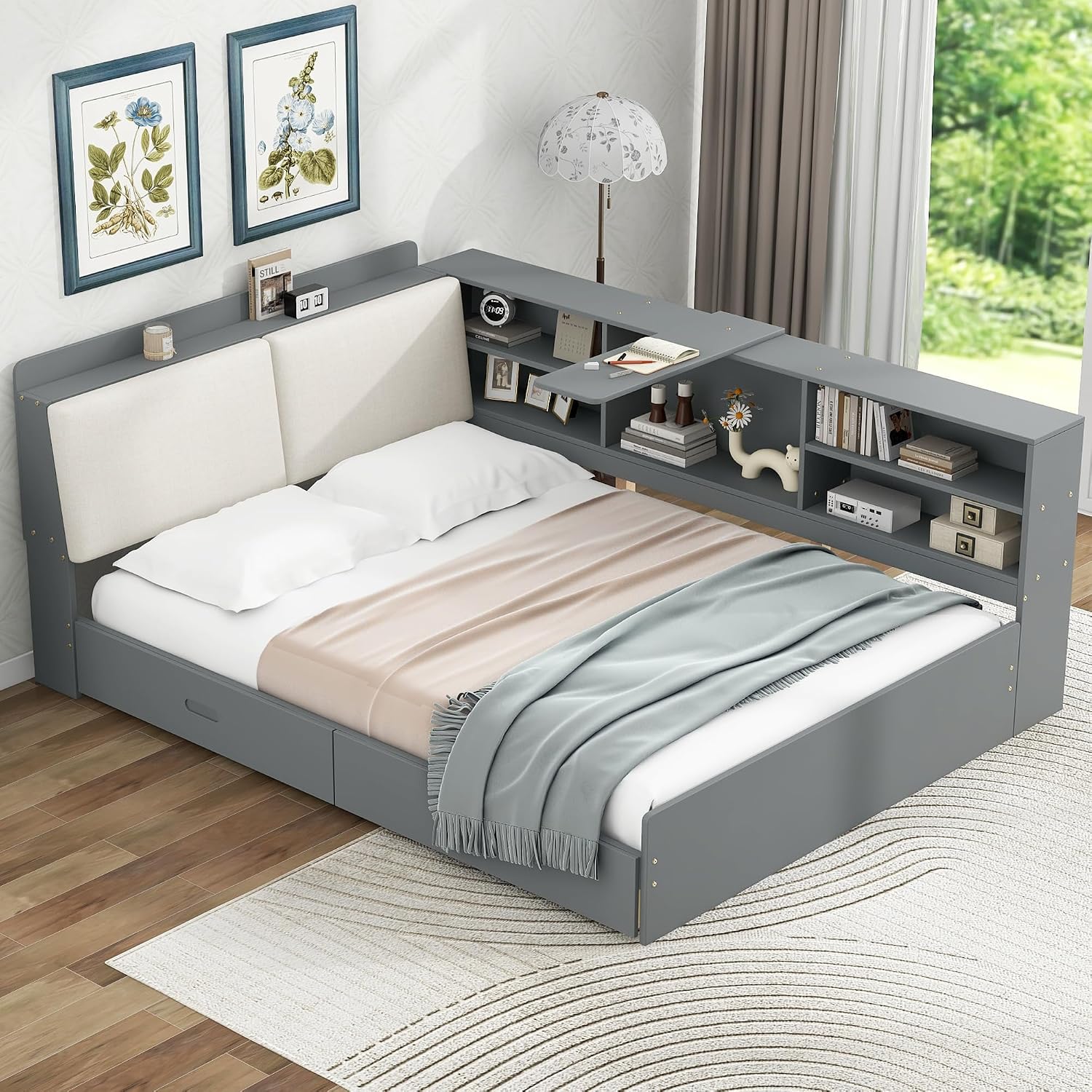 Wood Corner Bed Frame with Storage Upholstered Headboard,Bookcase and Drawers,Full Size Floor Platform Bed with Rotatable Storage Board & Slat Support,Grounded L Shape Sofa Bed for Dorm or Guests,Gray