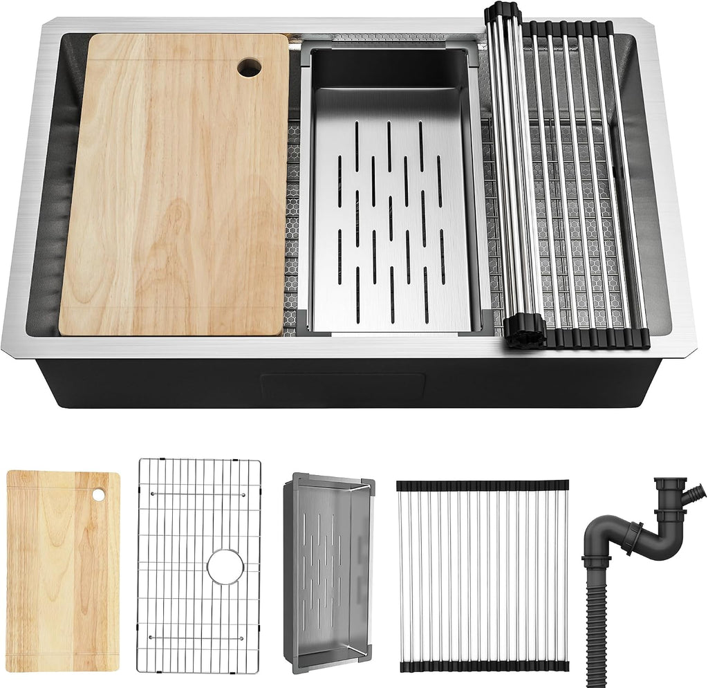 YITAHOME Kitchen Sink Undermount Workstation 32in, 304 Stainless Steel Single Bowl w/Ledge & Accessories, Honeycomb Surface Design, RV, Modern Bar Sink 32x19x10in, Silver