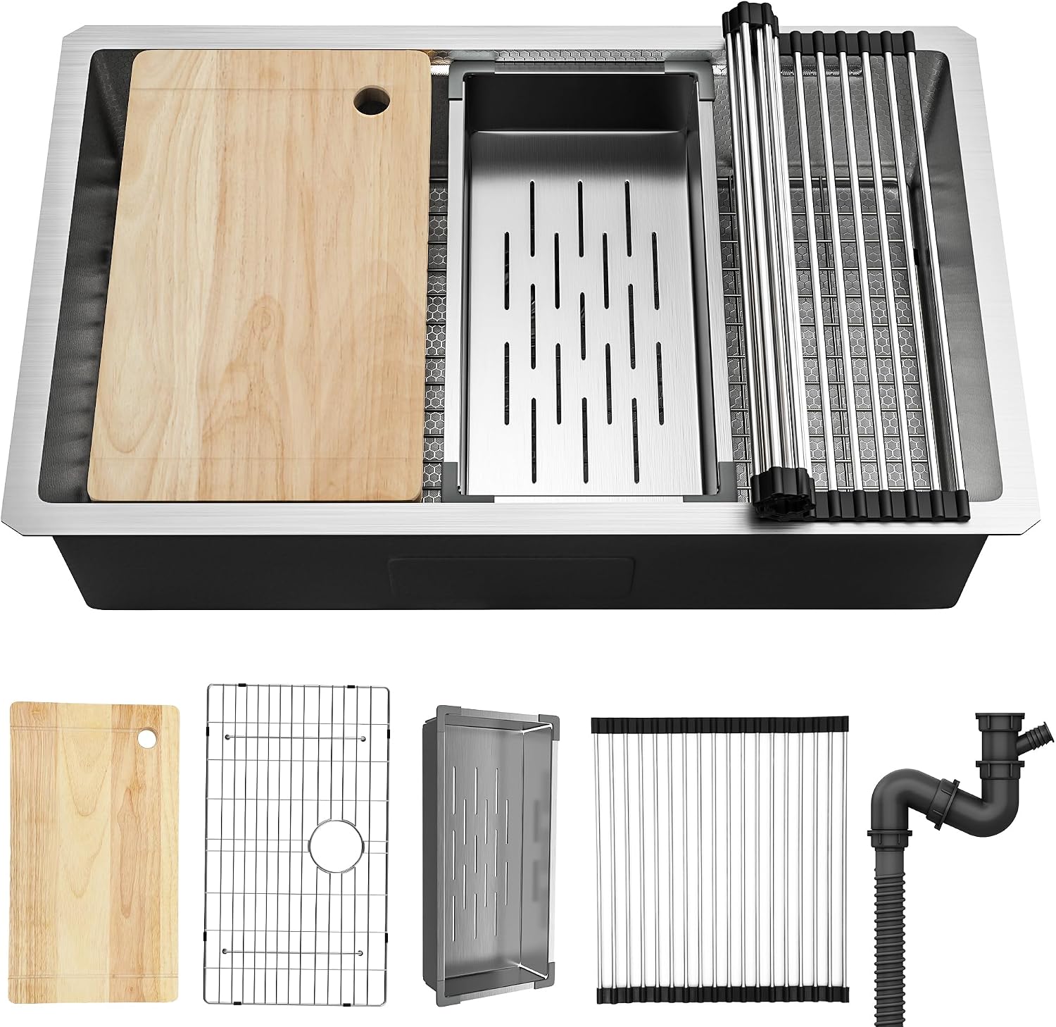 YITAHOME Kitchen Sink Undermount Workstation 32in, 304 Stainless Steel Single Bowl w/Ledge & Accessories, Honeycomb Surface Design, RV, Modern Bar Sink 32x19x10in, Silver