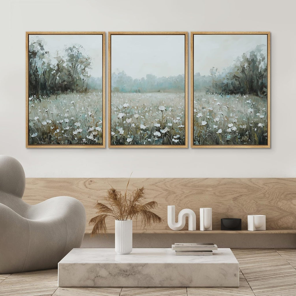 SIGNWIN Framed Canvas Print Wall Art Misty White Wildflower Meadow Serene Nature Landscape Illustrations Modern Bohemian Scenic Ultra for Living Room, Bedroom, Office - 16'x24'x3 Natural