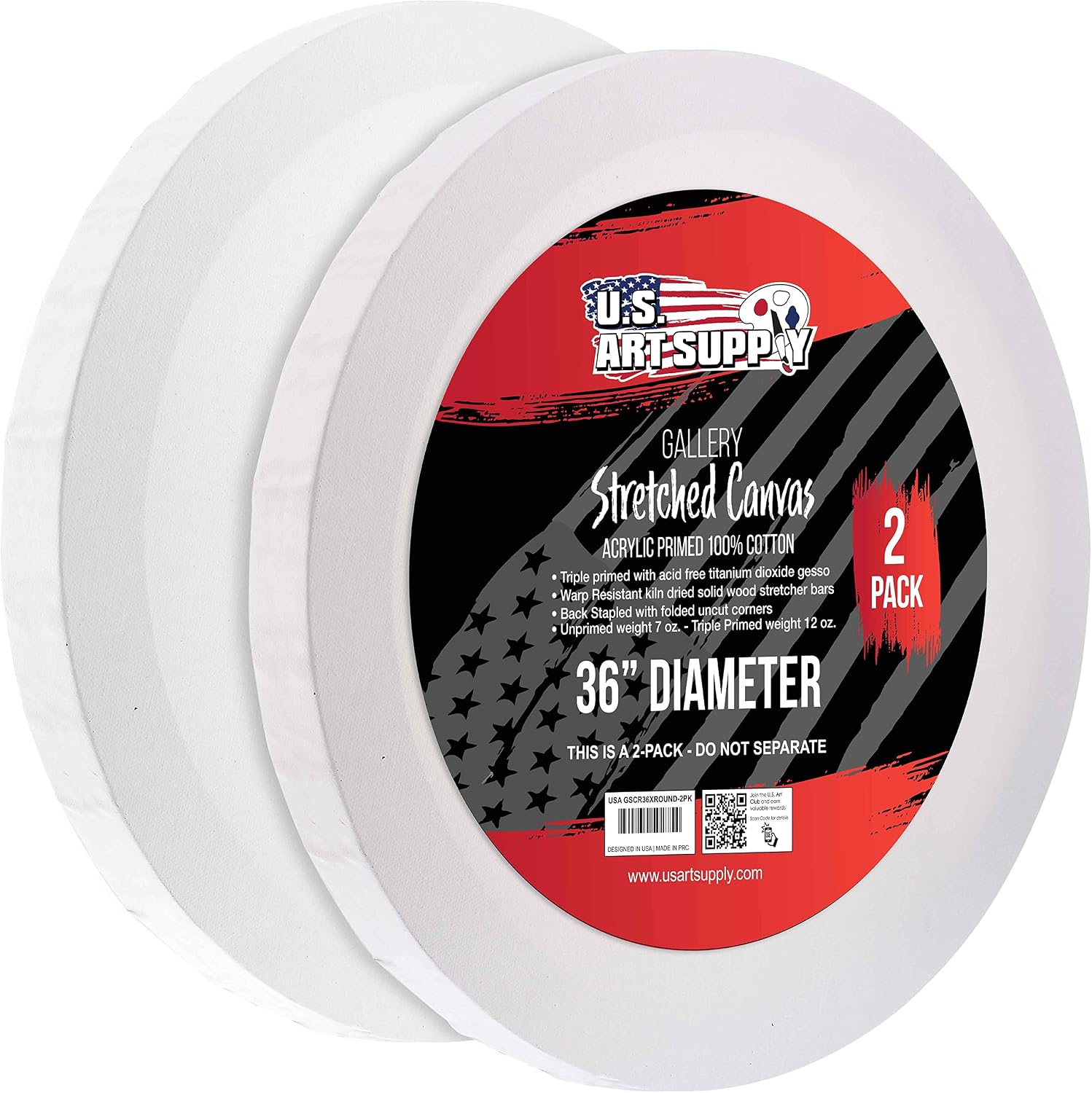 U.S. Art Supply 36 inch Diameter Round Gallery Depth 1-1/2' Profile Stretched Canvas 2-Pack - Acrylic Gesso Triple Primed 12-Ounce 100% Cotton Acid-Free Back Stapled Pouring Art