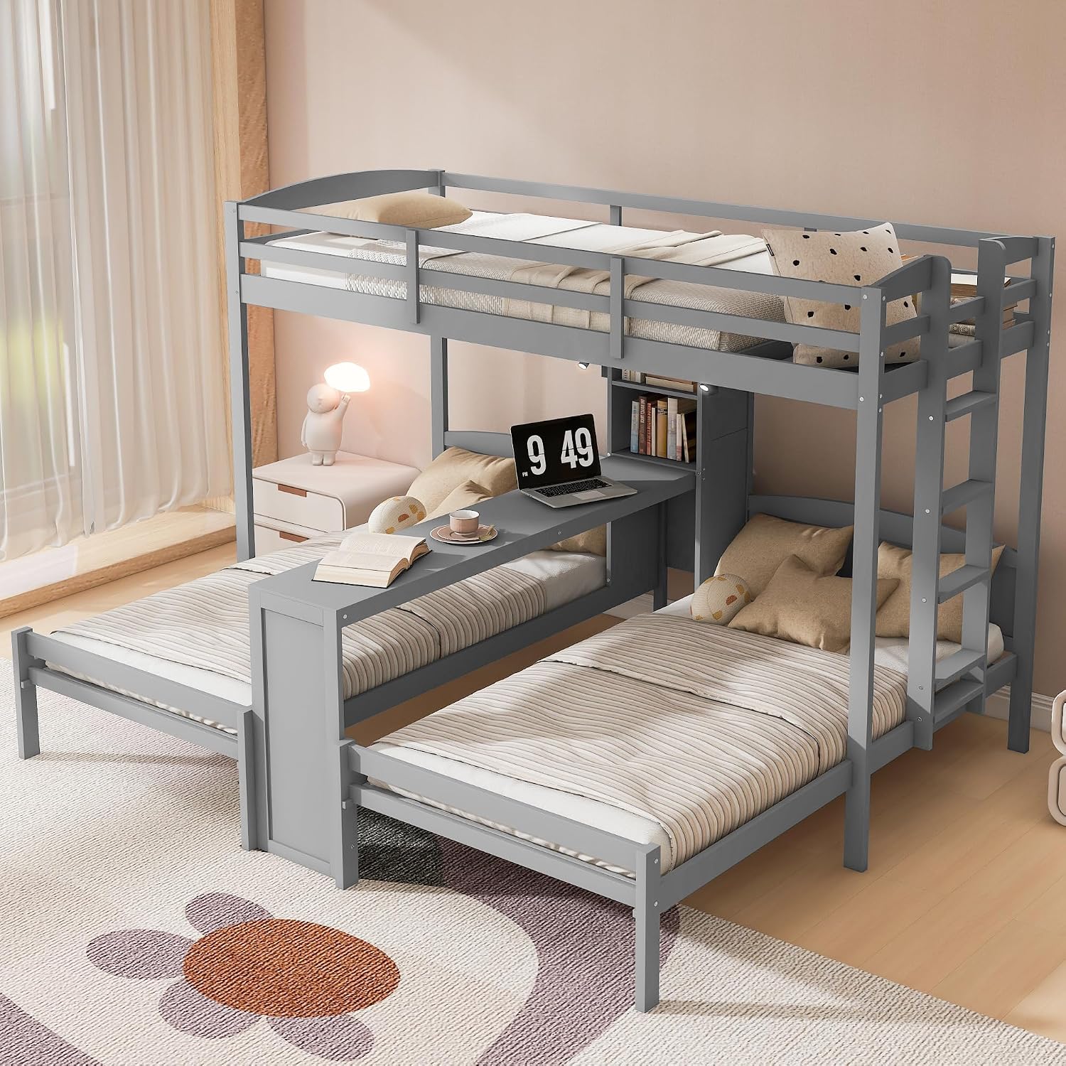 VilroCaz Twin Over Twin & Twin Bunk Bed with Built-in Desk and Storage Shelves, 3 Beds in 1 Design Solid Wood Triple Bunk Bed with Reading Lamp and Guardrails for Kids Teens Aldults (Gray-2.14)