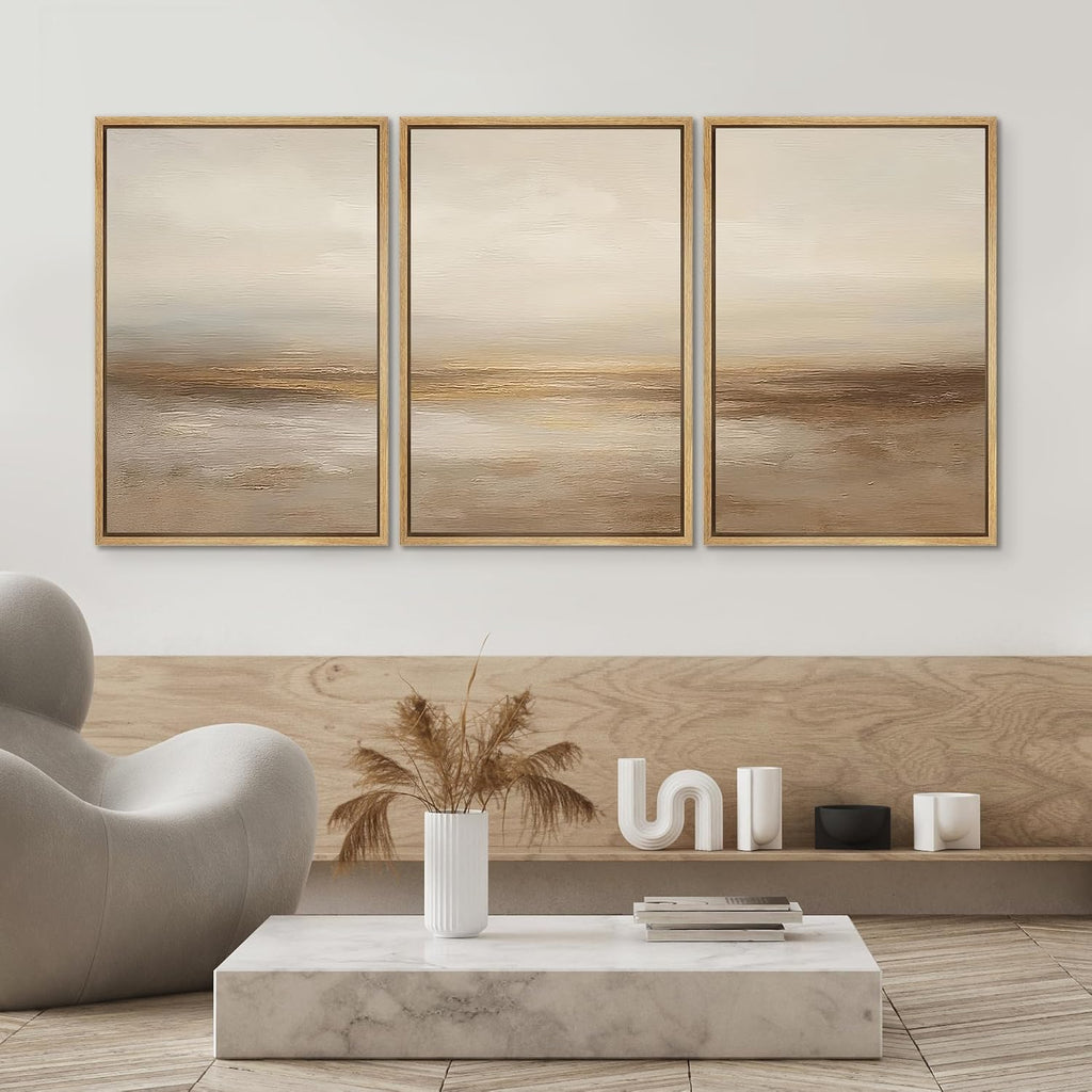 SIGNWIN Framed Wall Art Print Set Beige & Gold Horizon Abstract Minimalist Illustrations Modern Art Chic Multicolor for Living Room, Bedroom, Office - 24'x36'x3 Natural