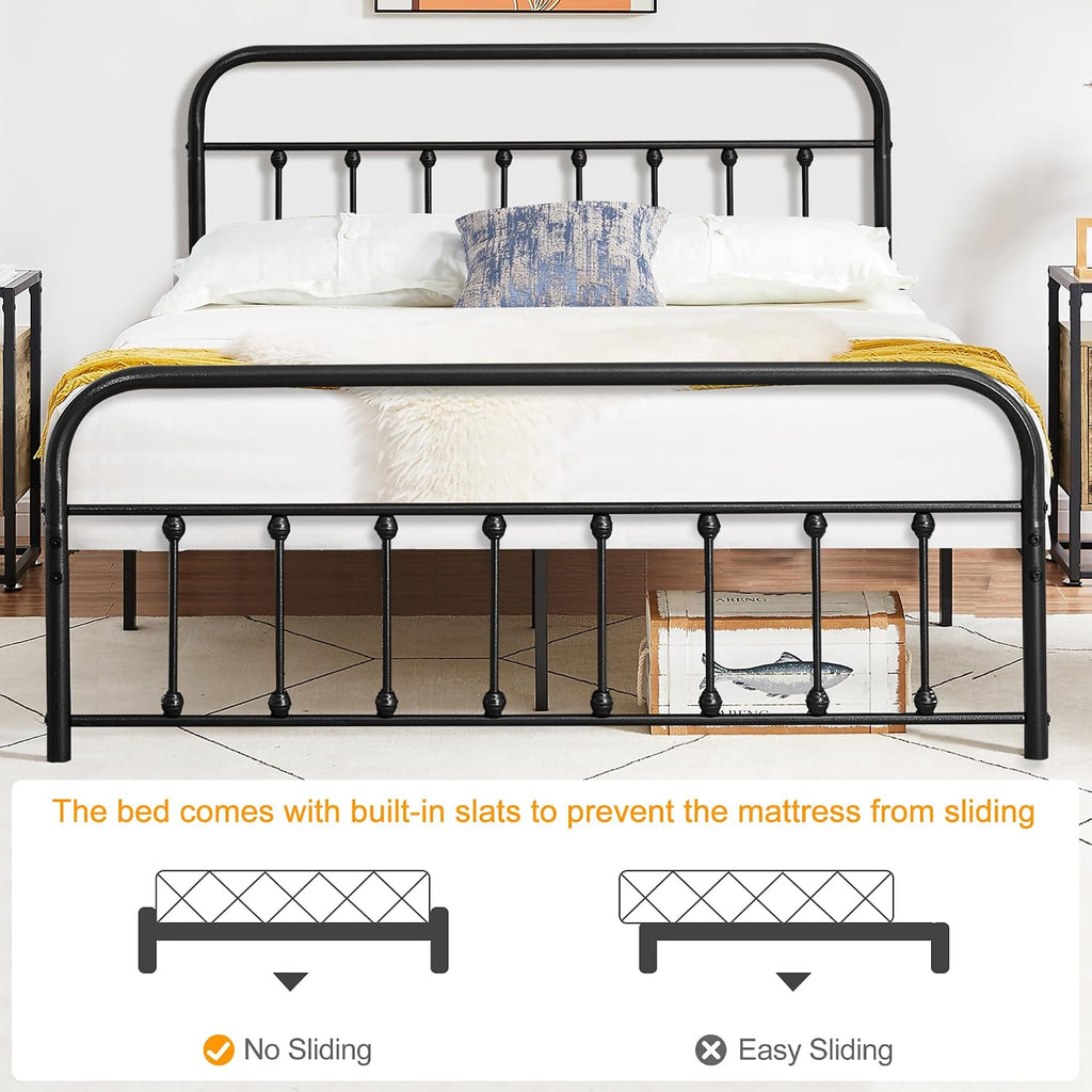 VECELO Full Size Victorian Style Metal Bed Frame with Headboard Classic Metal Platform Bed Frame Mattress Foundation with Footboard/Under Bed Storage/No Box Spring Black