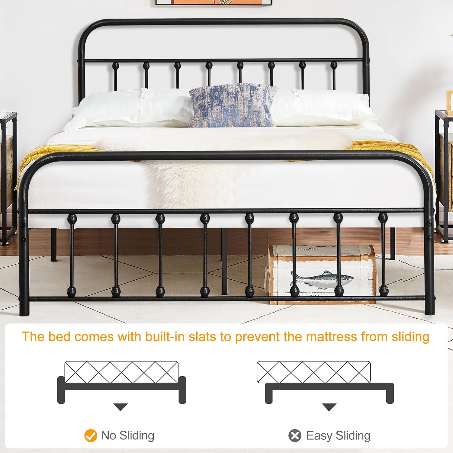 VECELO Full Size Victorian Style Metal Bed Frame with Headboard Classic Metal Platform Bed Frame Mattress Foundation with Footboard/Under Bed Storage/No Box Spring Black