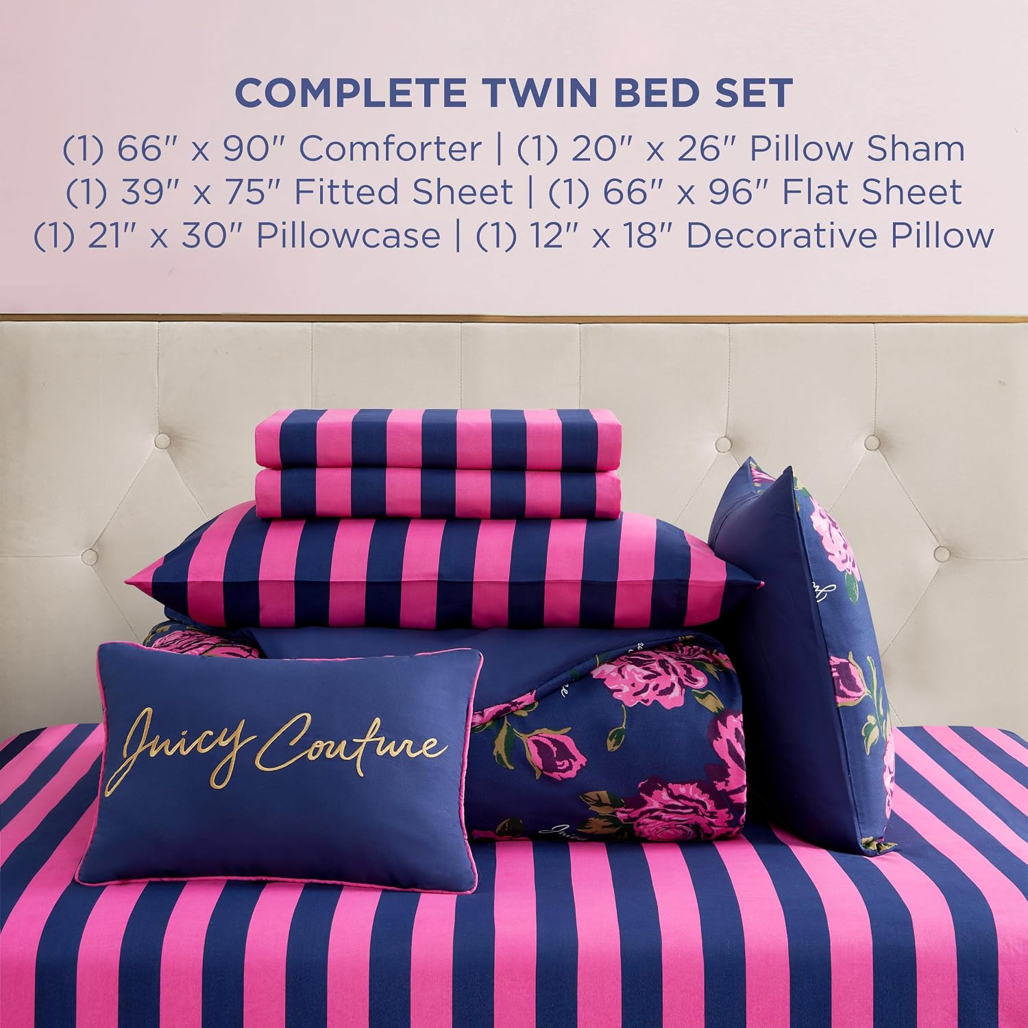 Juicy Couture Rose Logo Twin Comforter Set, Navy/Pink – 6-Piece Complete Bed in a Bag