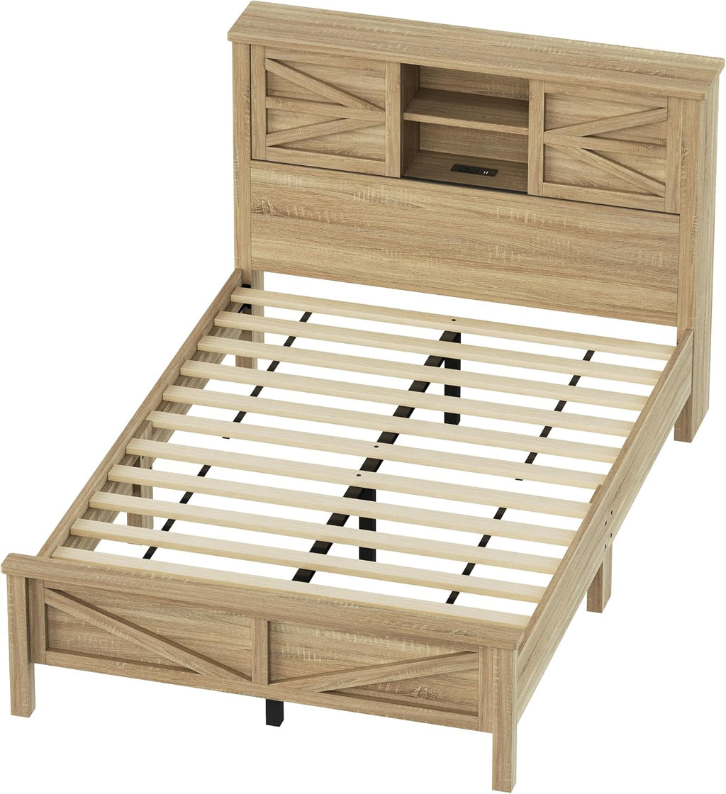 Full Size 3PCS Bedroom Sets, Platform Bed Frame with Double Sliding Door Storage Headboard and USB, 3-Pieces Bedroom Sets with Cabinet and Nightstands, Kids Adults, Natural