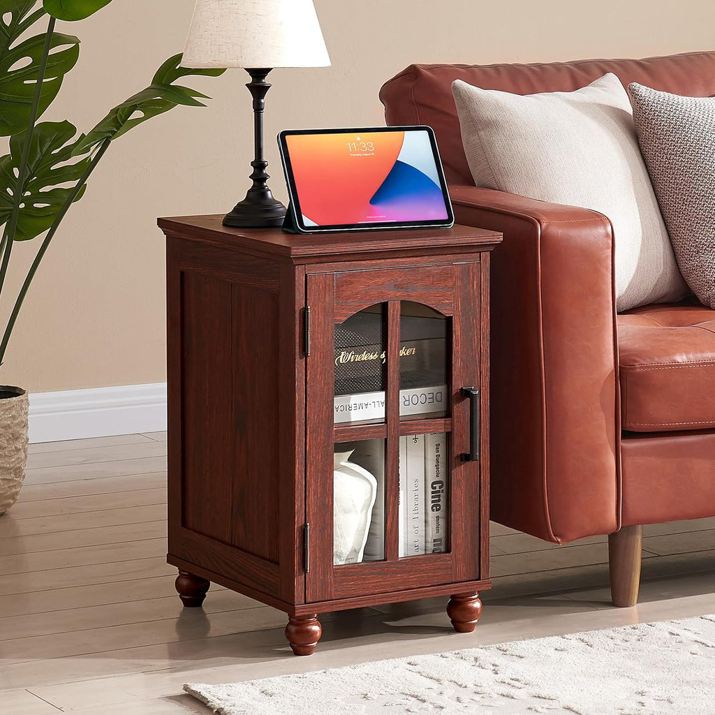 Narrow Side Table Set of 2,Farmhouse Nightstand with Charging Station,End Table with Glass Barn Door Storage, Cabinet Organizer with Adjustable Shelf, Night Stand for Small Spaces Living Room Bedroom