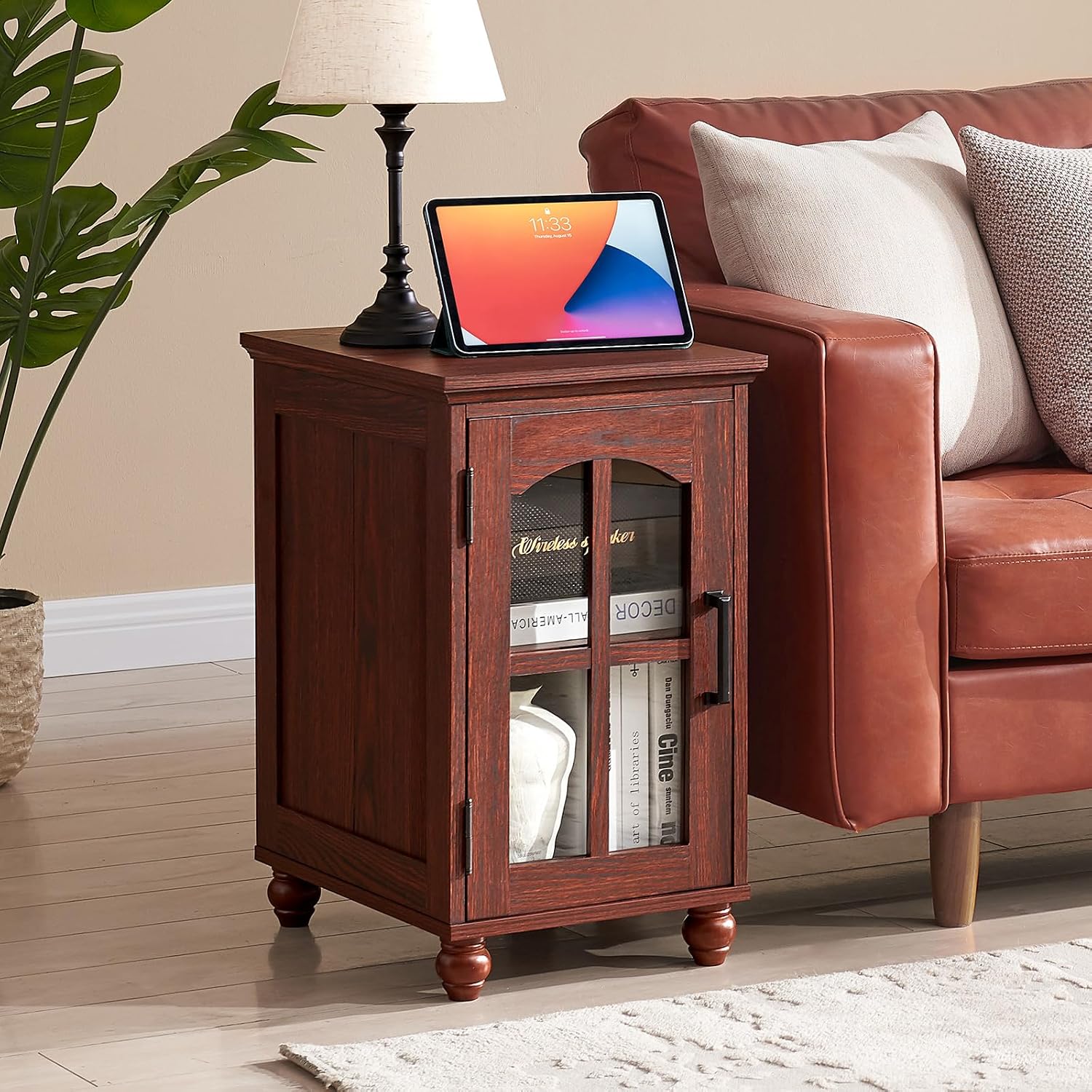 Narrow Side Table Set of 2,Farmhouse Nightstand with Charging Station,End Table with Glass Barn Door Storage, Cabinet Organizer with Adjustable Shelf, Night Stand for Small Spaces Living Room Bedroom