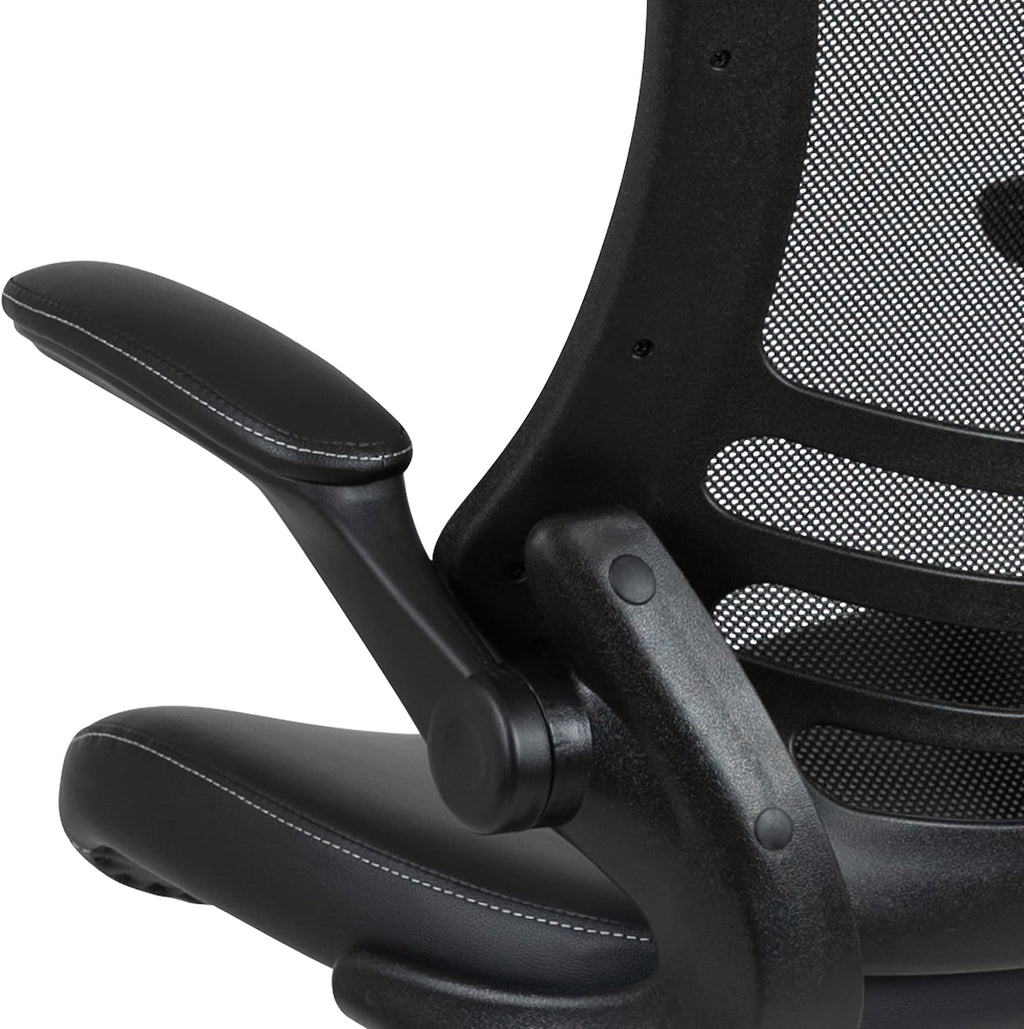 Flash Furniture Kelista Mid-Back Swivel Office Chair with Adjustable LeatherSoft Seat Height, Ergonomic Mesh Chair with Flip-Up Arms, Black