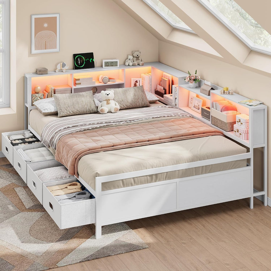 Full Size Corner Bed Frame with LED Lights, Charging Station & 8-Bookcase Headboard, Metal Platform Corner Bed with 4 Storage Drawers, Full Daybed for Kids Teens Guests, White
