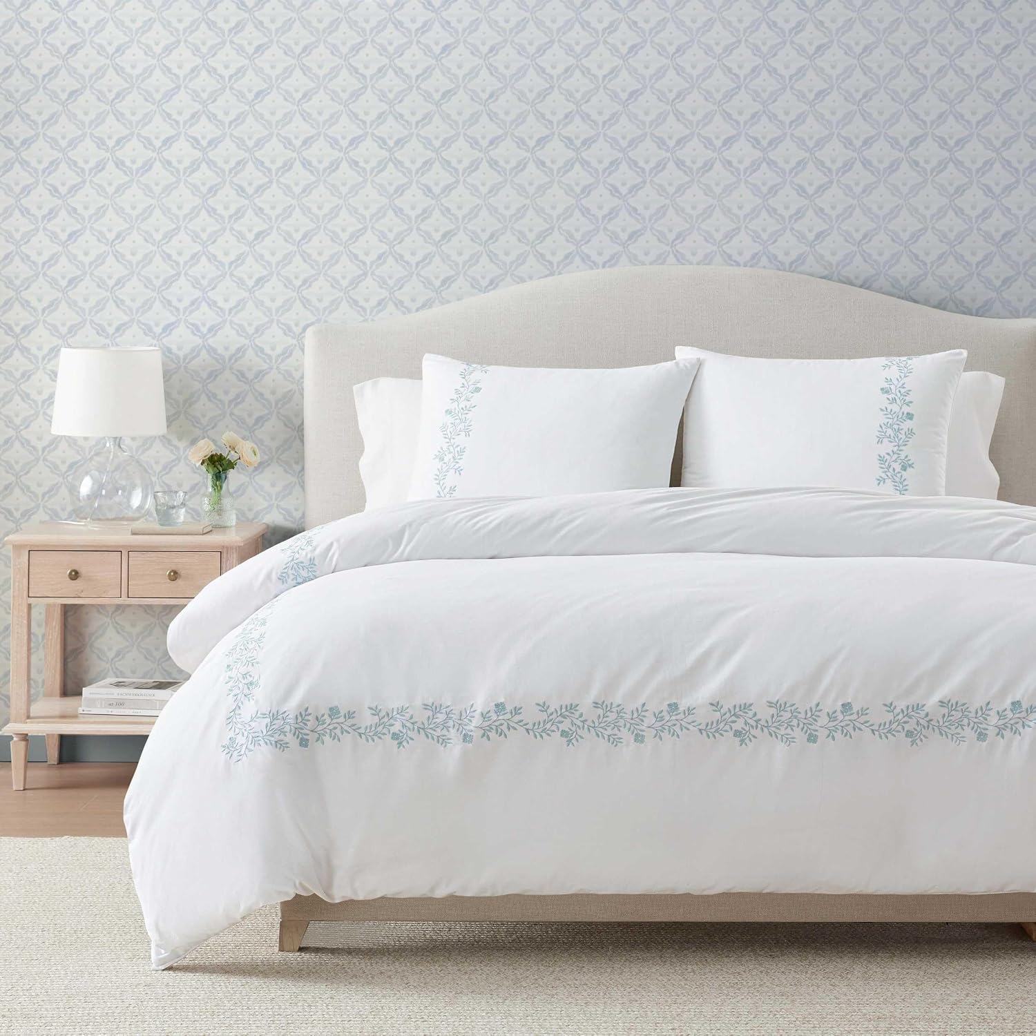 Martha Stewart - King Duvet Cover Set, 100% Soft Cotton Bed Set with a Smooth Cotton Percale Reverse, 3 Piece Floral Bedding with Matching Pillowcases (Garden Path Embroidery Blue)