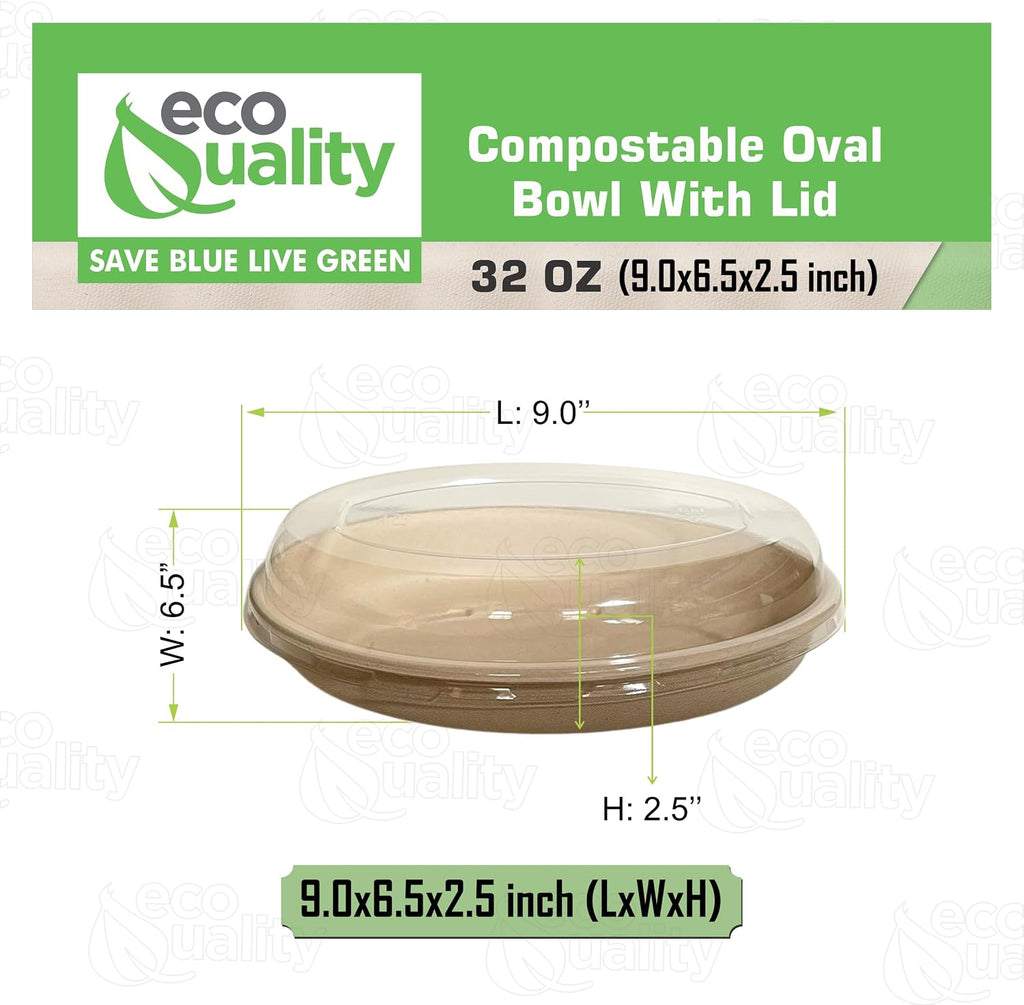 32 oz Disposable Compostable Fiber Oval Burrito Bowls with Dome Lids Heavy-Duty, Eco-Friendly Natural Bagasse Unbleached, Heat Resistant, Biodegradable Paper Salad Bowls Alternative to Plastic (500)
