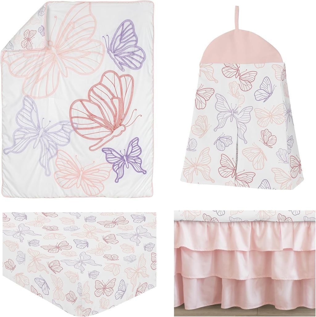 Sweet Jojo Designs Shabby Chic Butterfly Girl Baby Crib Bedding Set Infant Nursery Room Blanket Fitted Sheet Skirt Diaper Stacker 4p Blush Pink Lavender Purple White Pastel Lilac Watercolor Pattern