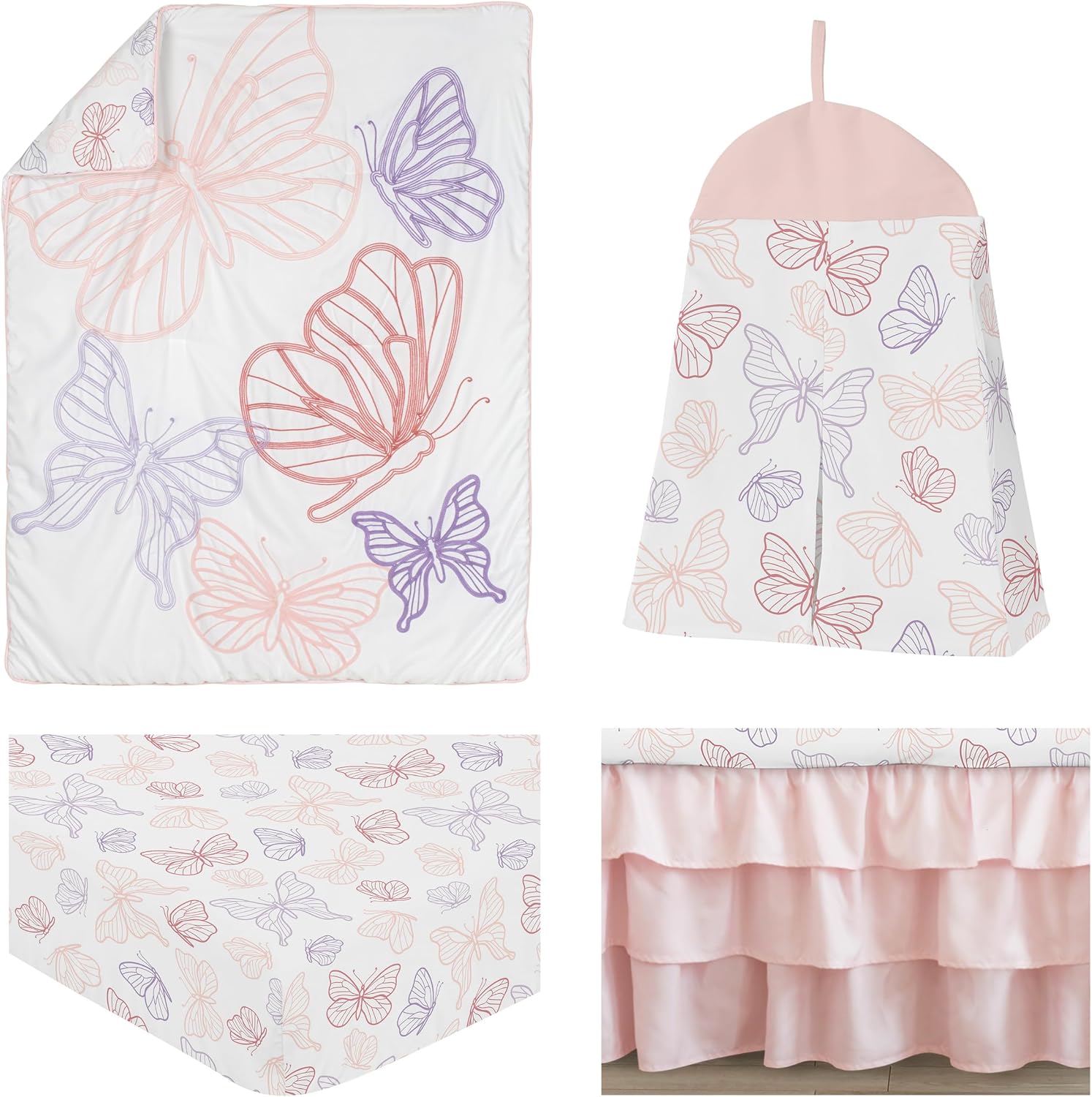 Sweet Jojo Designs Shabby Chic Butterfly Girl Baby Crib Bedding Set Infant Nursery Room Blanket Fitted Sheet Skirt Diaper Stacker 4p Blush Pink Lavender Purple White Pastel Lilac Watercolor Pattern