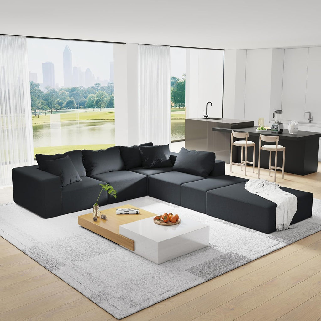 RuiSiSi Modern Upholstered Sectional Sofa Couch Set, 132' Modular L-Shaped Sectional Sofa Set with 6 Pillows, Free Combination Couch for Living Room, Bedroom, No Needed Assembly, Black