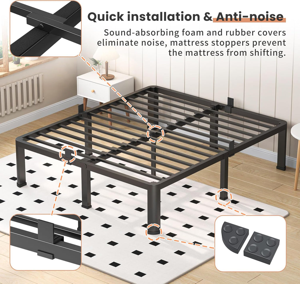 VIPSHOW 20 Inch Full Heavy Duty 3500 lbs Bed Frame with Round-Corner Legs & Anti-Squeak Design – Quick Assembly Metal Platform, No Box Spring Needed