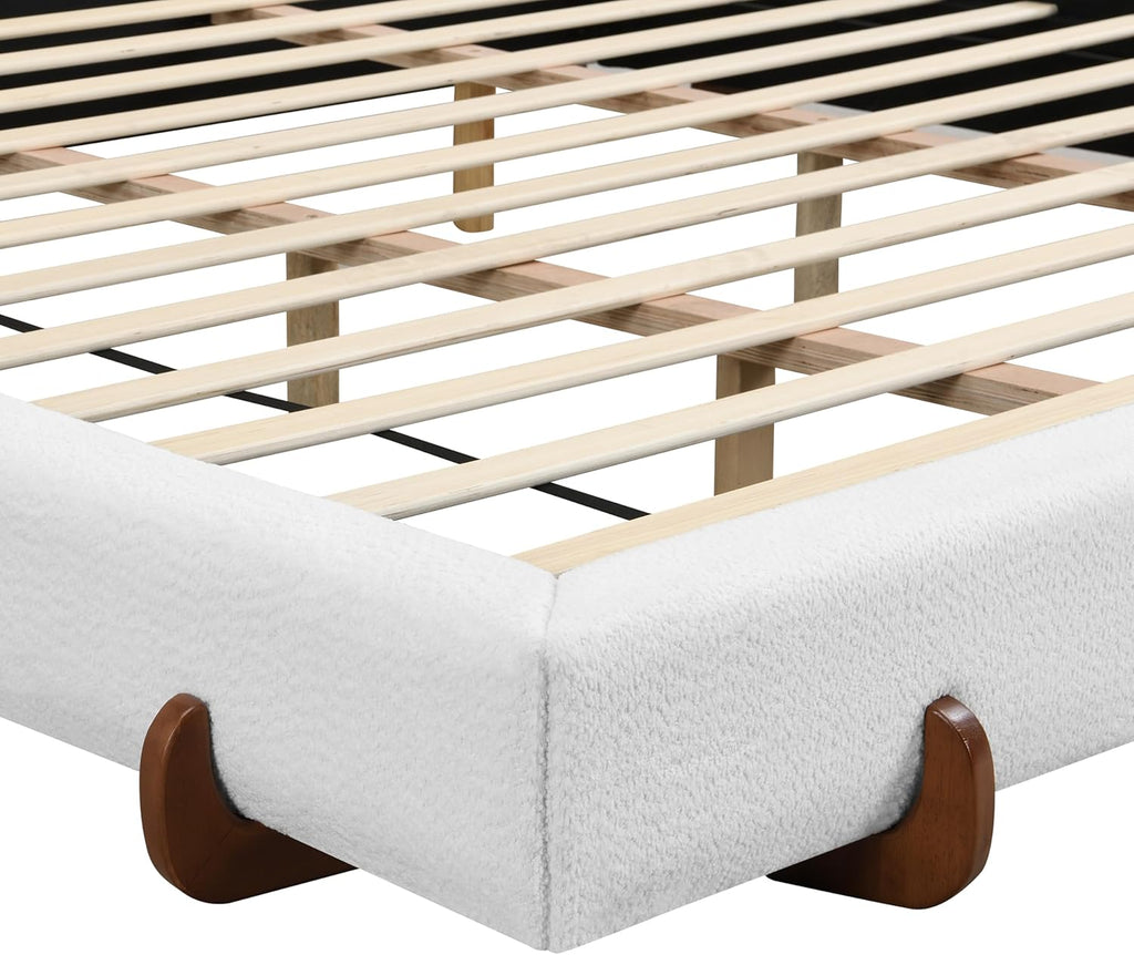 Curve-Shaped Upholstered Platform Bed with Curved Shaped Headboard, King Size Wood Bed Frame with Unique Design Legs for Bedroom Furniture, Chenille Thick Fabric Grounded Bed (White, California King)
