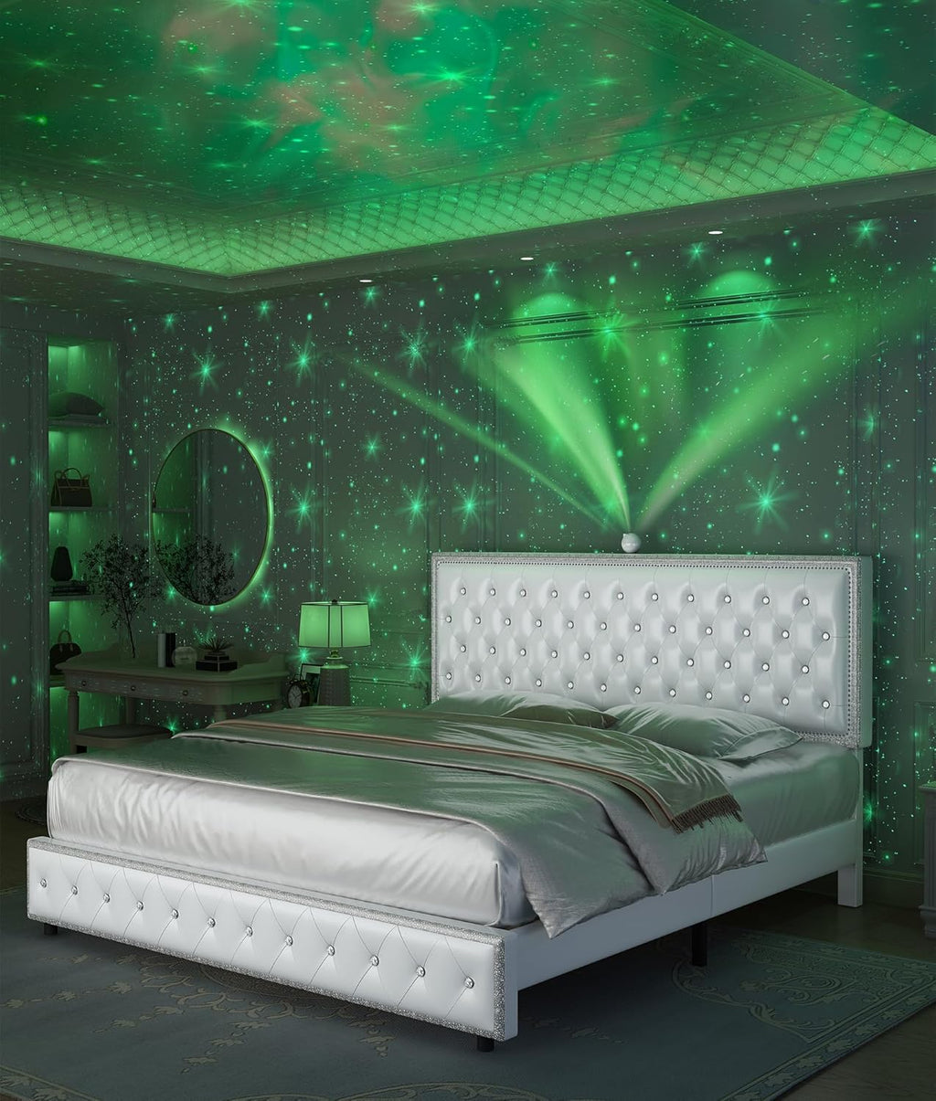 King Upholstered Platform Bed Frame with LED Headboard, Built-in Star Projector & Adjustable Headboard, No Box Spring Needed, Easy Assembly, Solid Wood Slats,Modern Bedroom Furniture, PU White