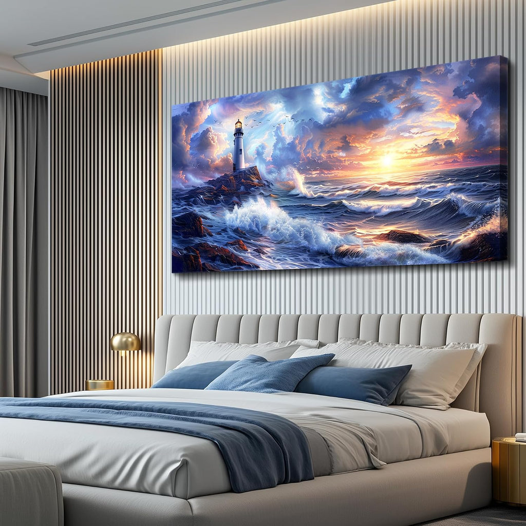 JUDASJART Wall Decor For Bedroom Large Wall Art For Living Room Modern Office Decorations Ocean Sea Wave Paintings Lighthouse Seascape Pictures Canvas Artwork Home Decor Ready To Hang