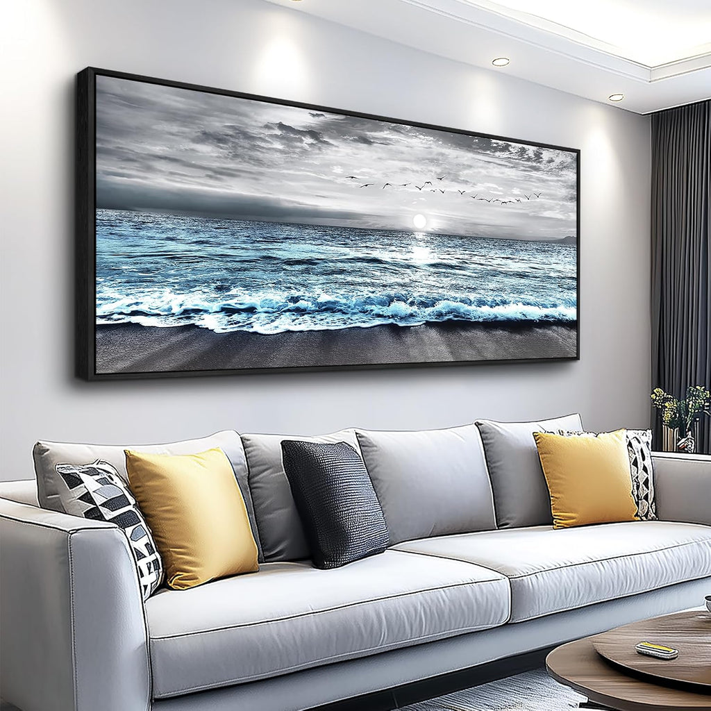 Wapluam Framed Wall Art for Bedroom Decor, Beach Canvas Wall Art Large Ocean Sunset Seascape Print, Modern Coastal Landscape Artwork for Living Room Bathroom Home Decor Ready to Hang 32x72 In