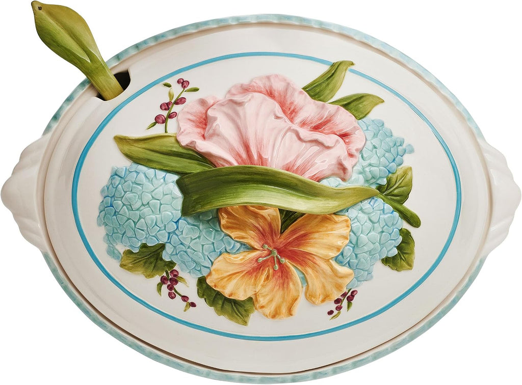 Fitz and Floyd Meadow Tureen Covered Serving Bowl with Ladle, 3.5 Quart
