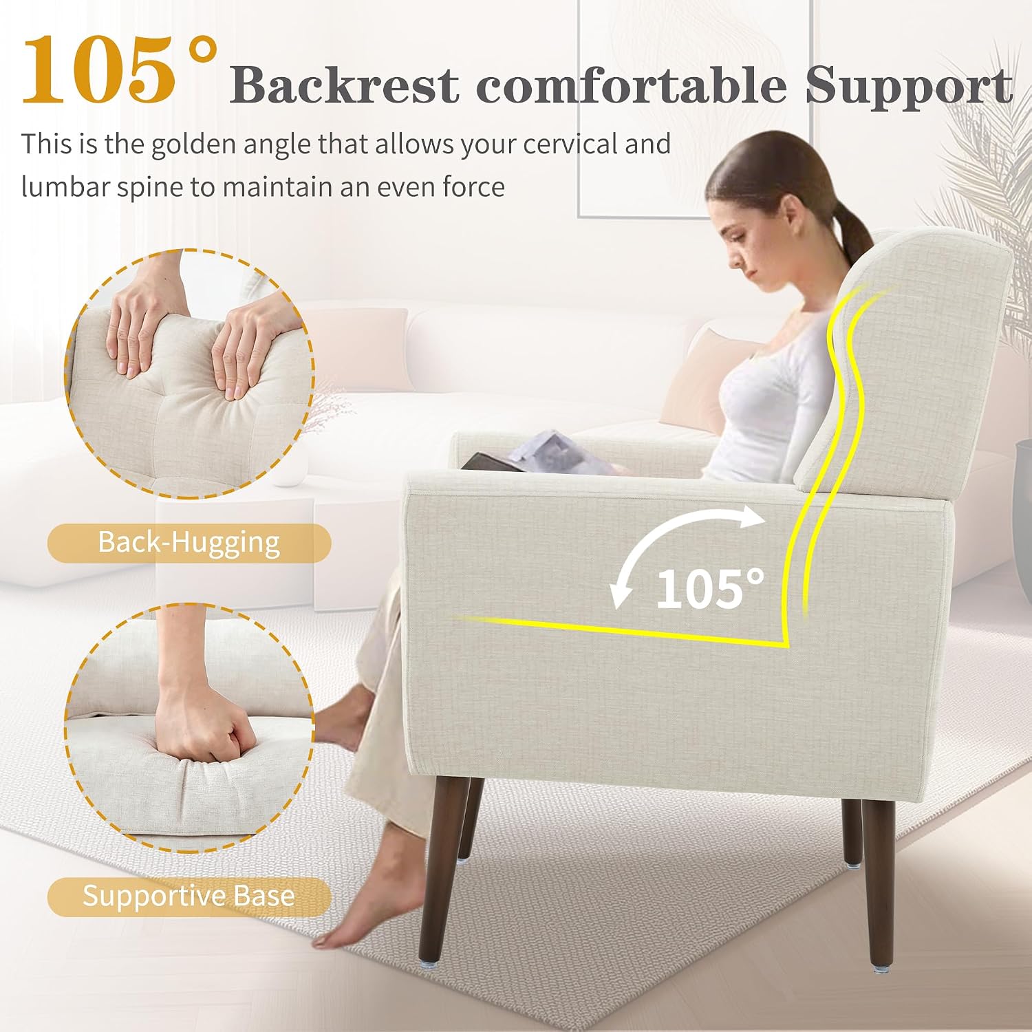 Modern Accent Chair, Upholstered Armchair with Pillow, Fabric Single Sofa Chair with Lounge Seat and Wood Legs Accent Chair for Living Room Bedroom Small Spaces (Beige, Set of 1)