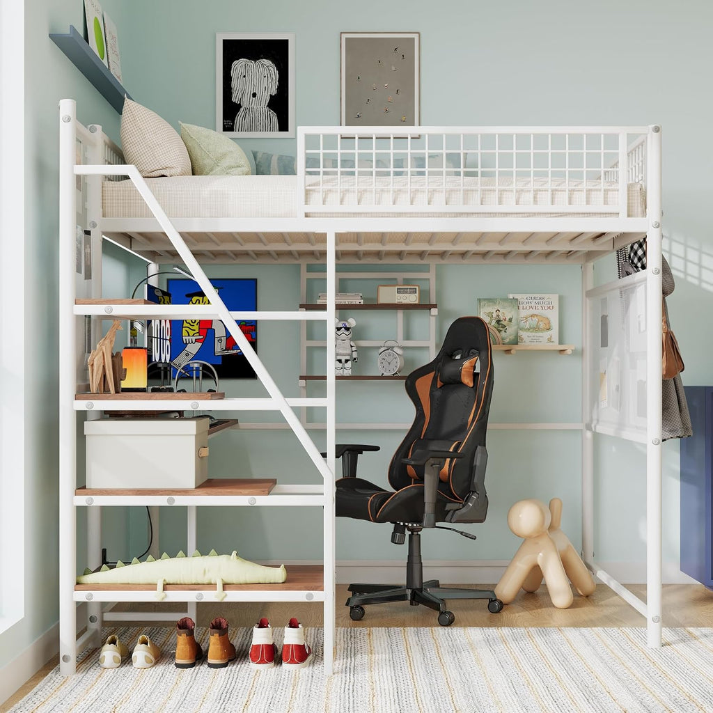 Full Size Metal Loft Bed with Stairs, Large Under-Bed Space, Built-in Charging Station, LED Lighting, for Bedroom, Dormitory, White