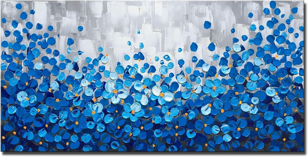 MyArton Large Textured Blue Flowers Canvas Wall Art Hand Painted Modern Decoration Oil Painting Picture Framed Ready to Hang 60x30inch