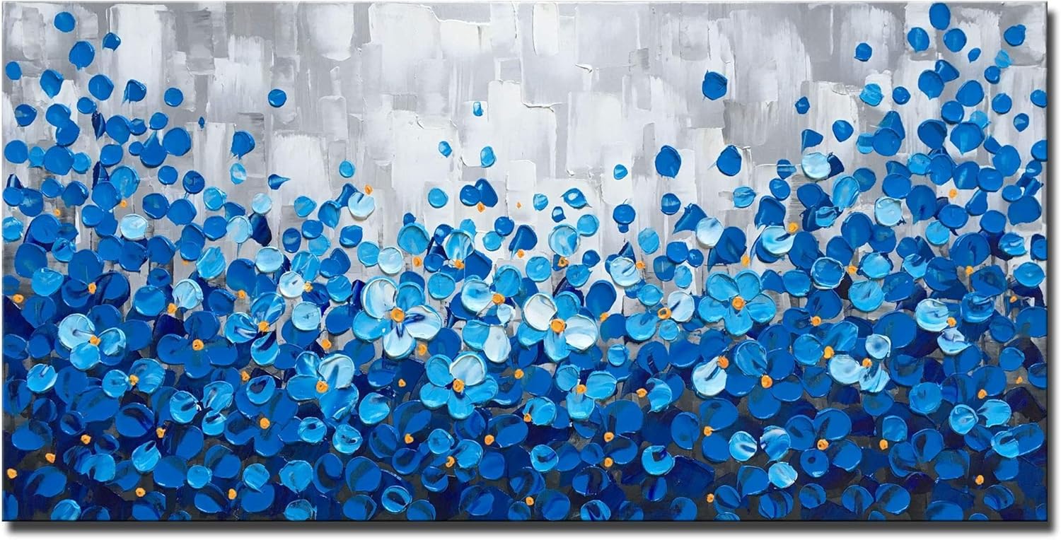MyArton Large Textured Blue Flowers Canvas Wall Art Hand Painted Modern Decoration Oil Painting Picture Framed Ready to Hang 60x30inch